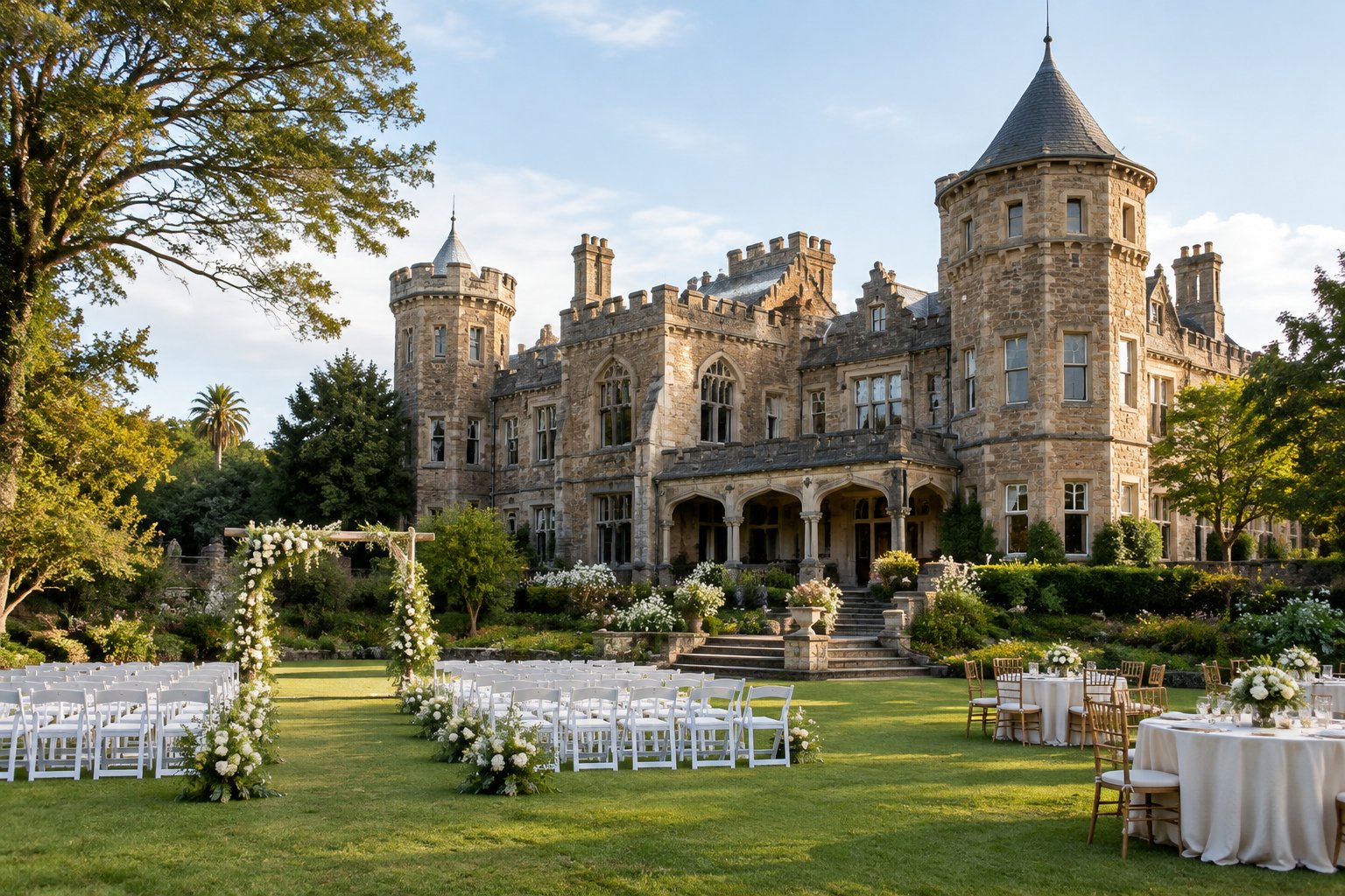 The Nesbitt Castle in Bulawayo surrounded by landscaped gardens set up for a wedding ceremony.