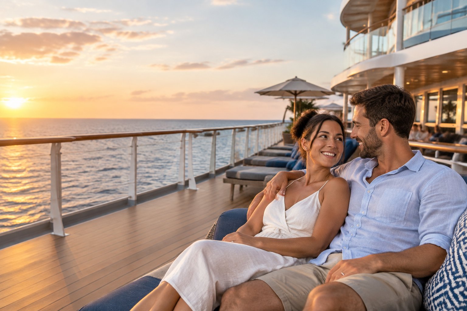 Newlywed couple relaxing on the deck of a cruise ship at sunset.
