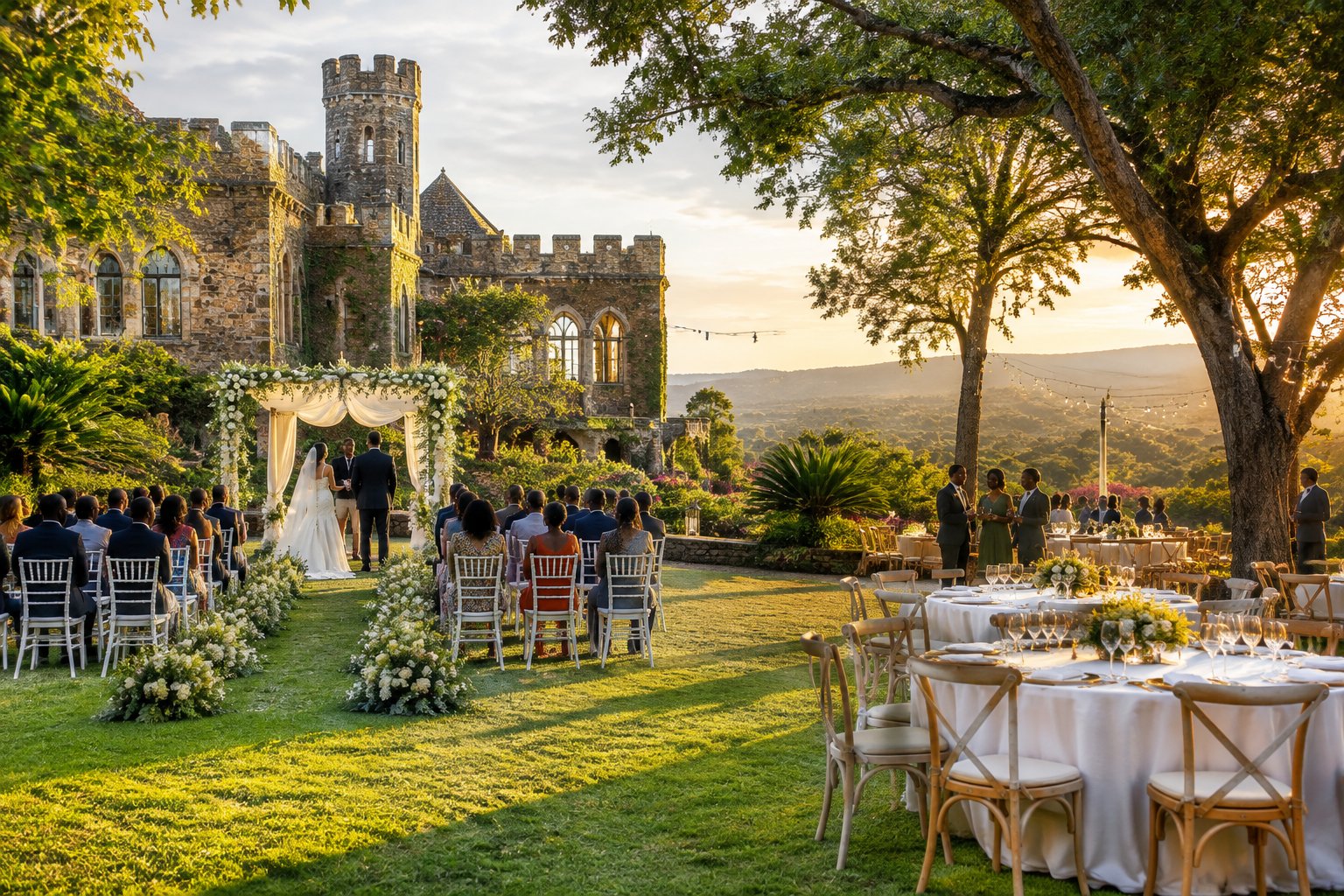 An outdoor wedding ceremony and reception arranged in the gardens of a castle in Zimbabwe.