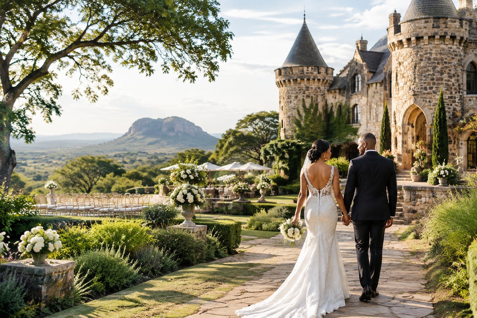 A newlywed couple walks through the gardens toward a castle-style wedding venue in Zimbabwe.