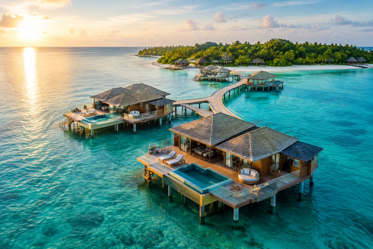 Luxury overwater bungalows connected by a boardwalk above a clear tropical lagoon.
