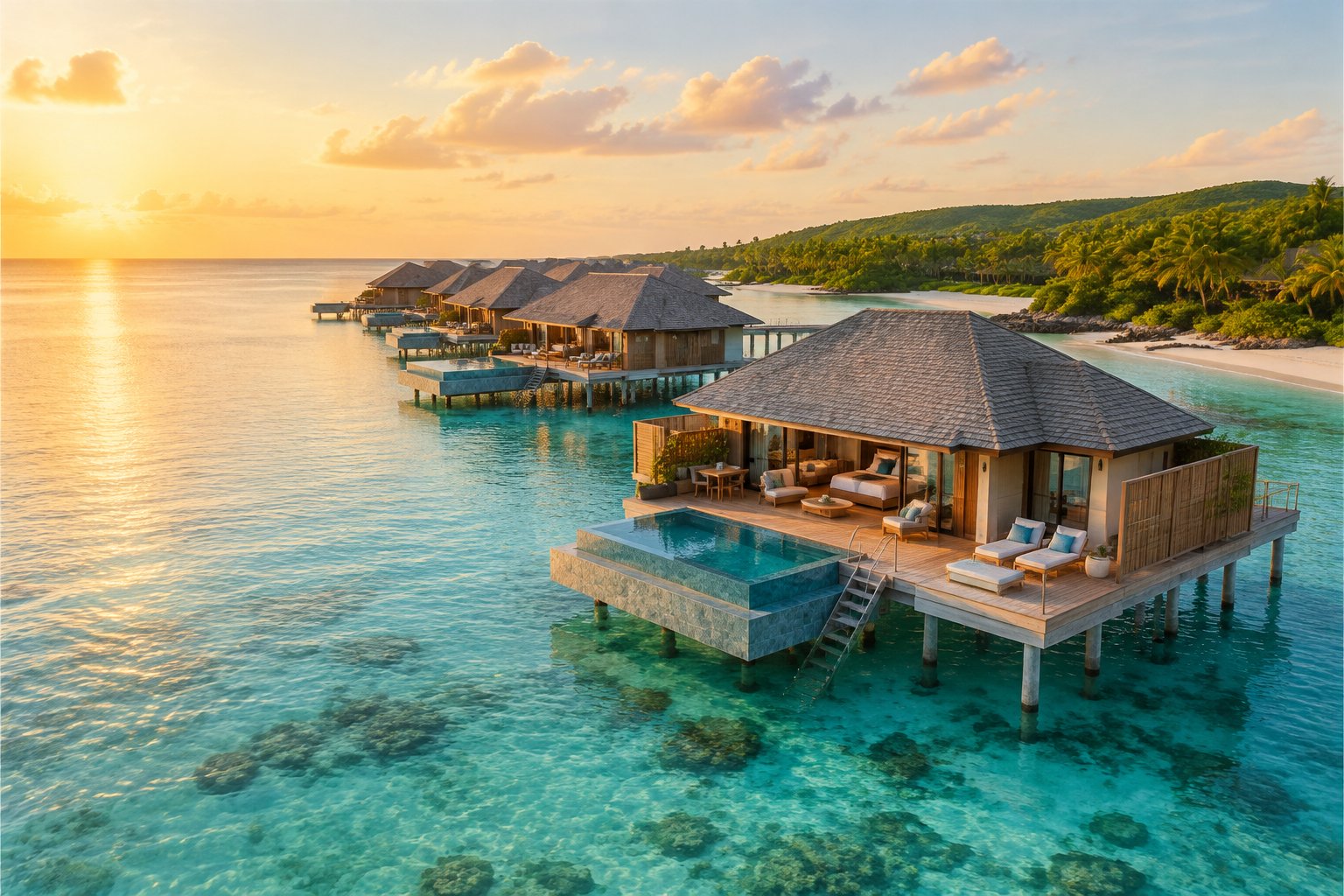 Luxury overwater bungalows extend above clear turquoise sea beside a lush tropical island.