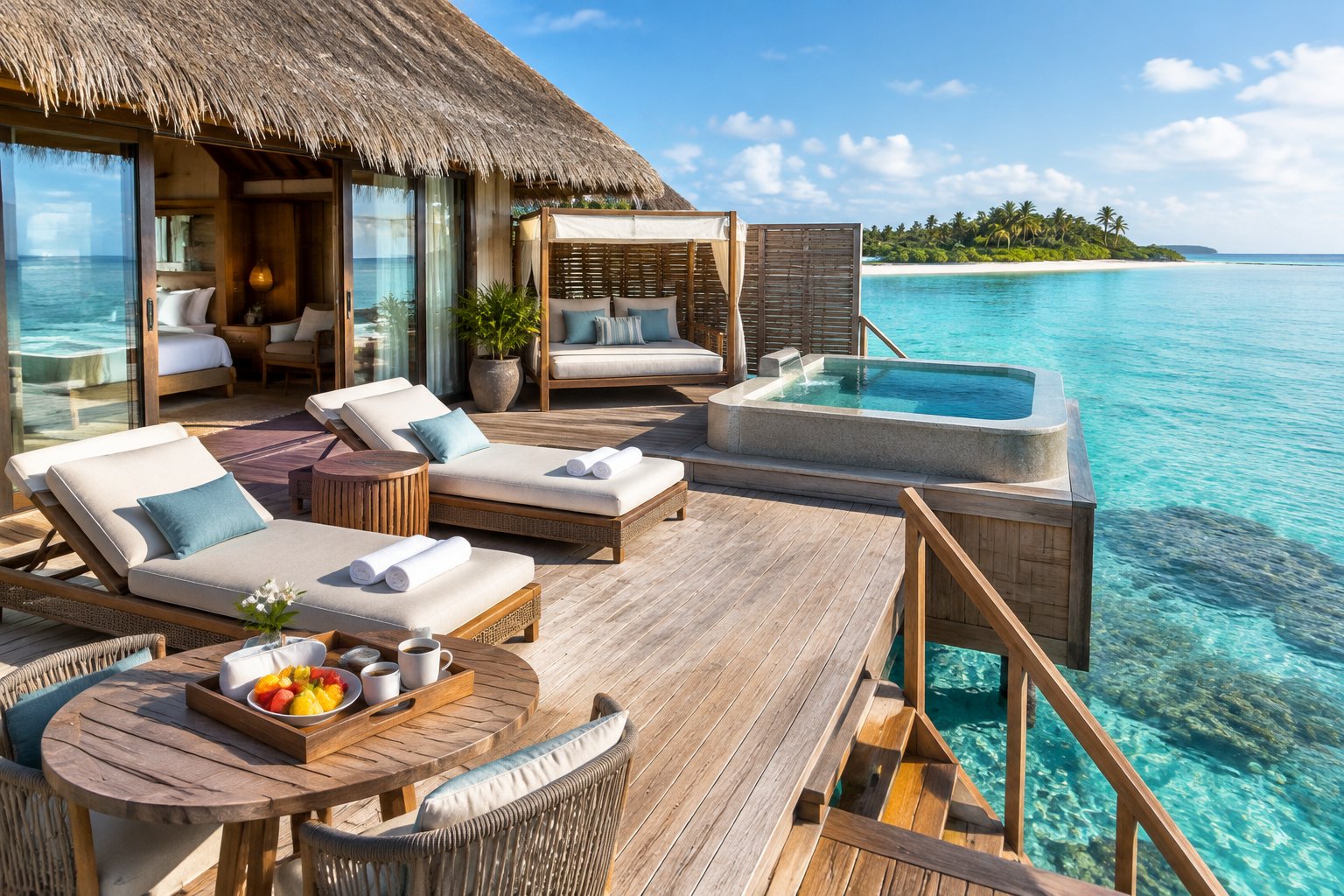 A luxury overwater bungalow deck with lounge furniture, a breakfast tray, and a calm turquoise lagoon.