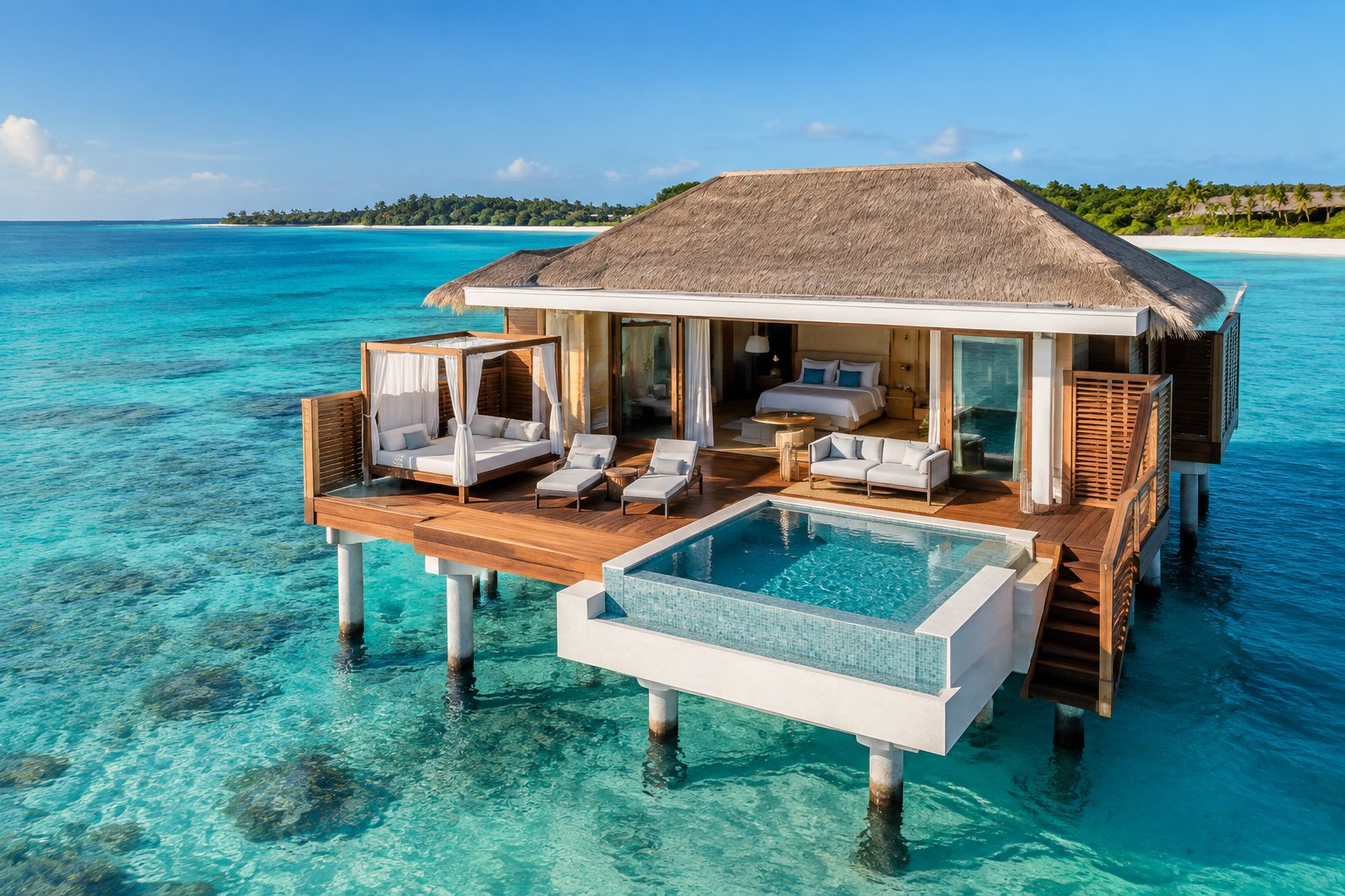 A luxurious overwater bungalow with a private deck and plunge pool above clear turquoise Caribbean water.
