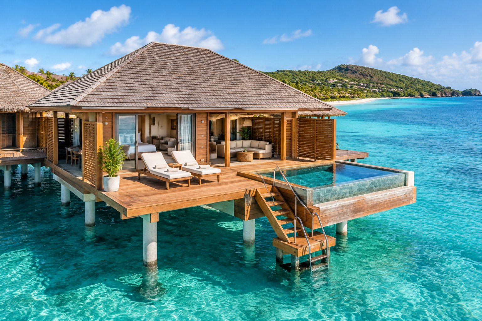 A luxury overwater villa with a private deck above clear turquoise Caribbean water.