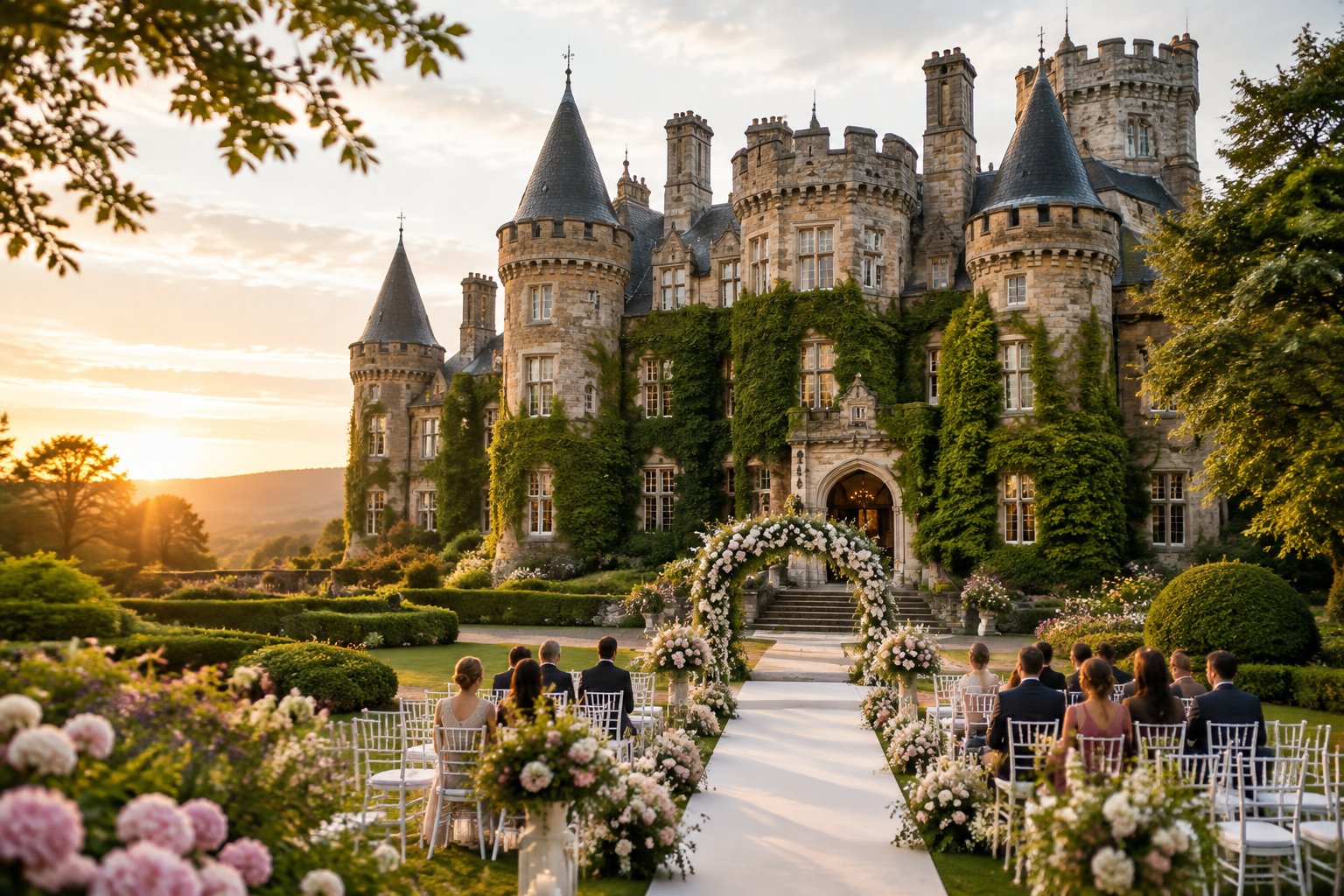 A castle wedding venue with a flower-decorated ceremony area in its garden.