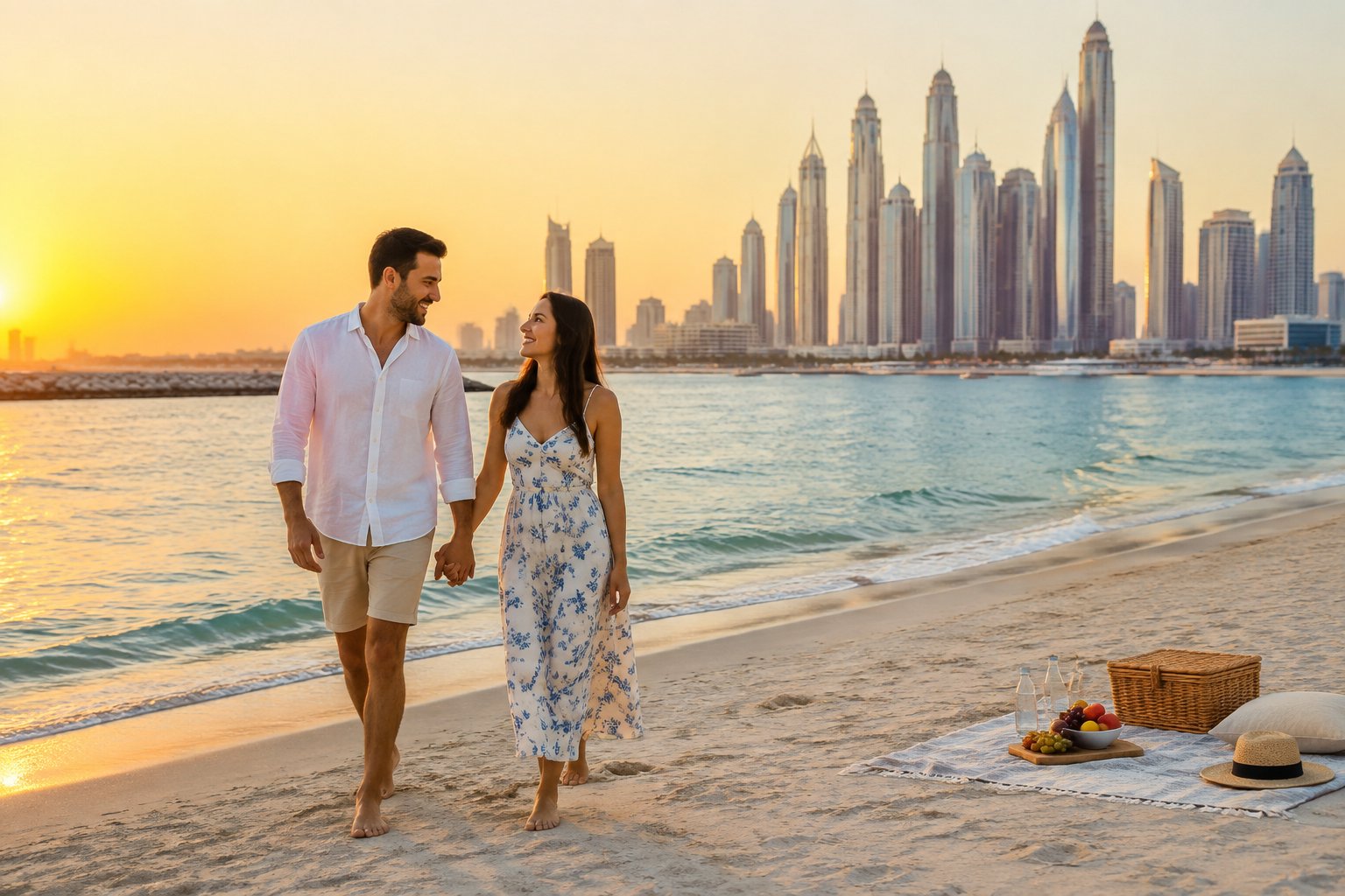 A newlywed couple walks hand in hand along a Dubai beach with skyscrapers in the background.