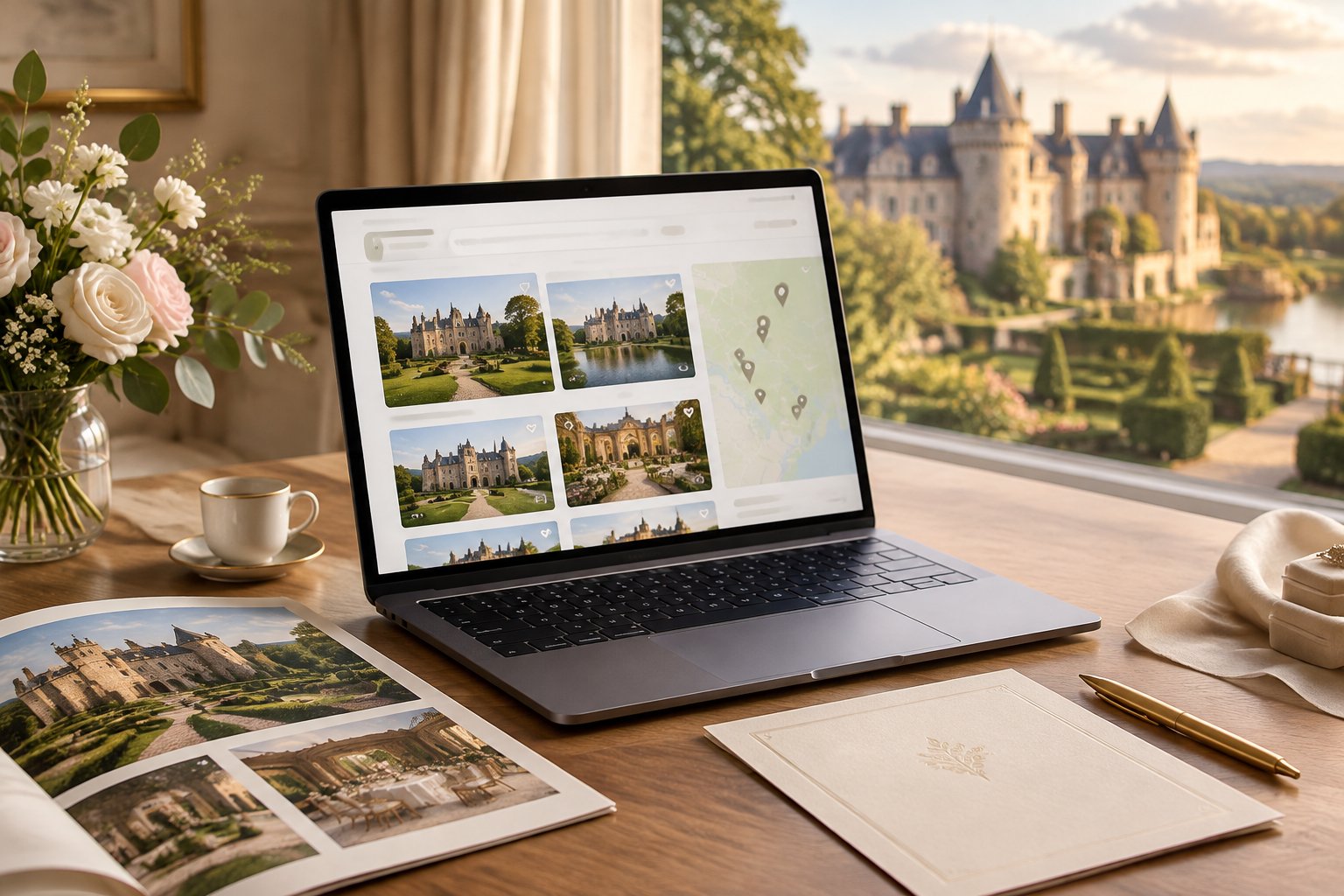 A laptop showing castle wedding venue listings sits beside wedding-planning items near a scenic castle view.