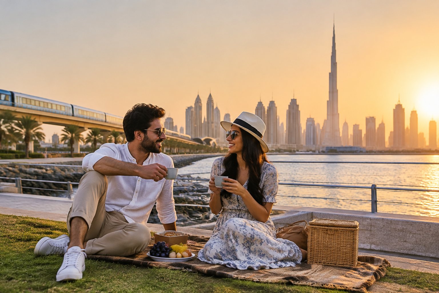 A newlywed couple enjoying a romantic outdoor moment with Dubai’s skyline in the background.