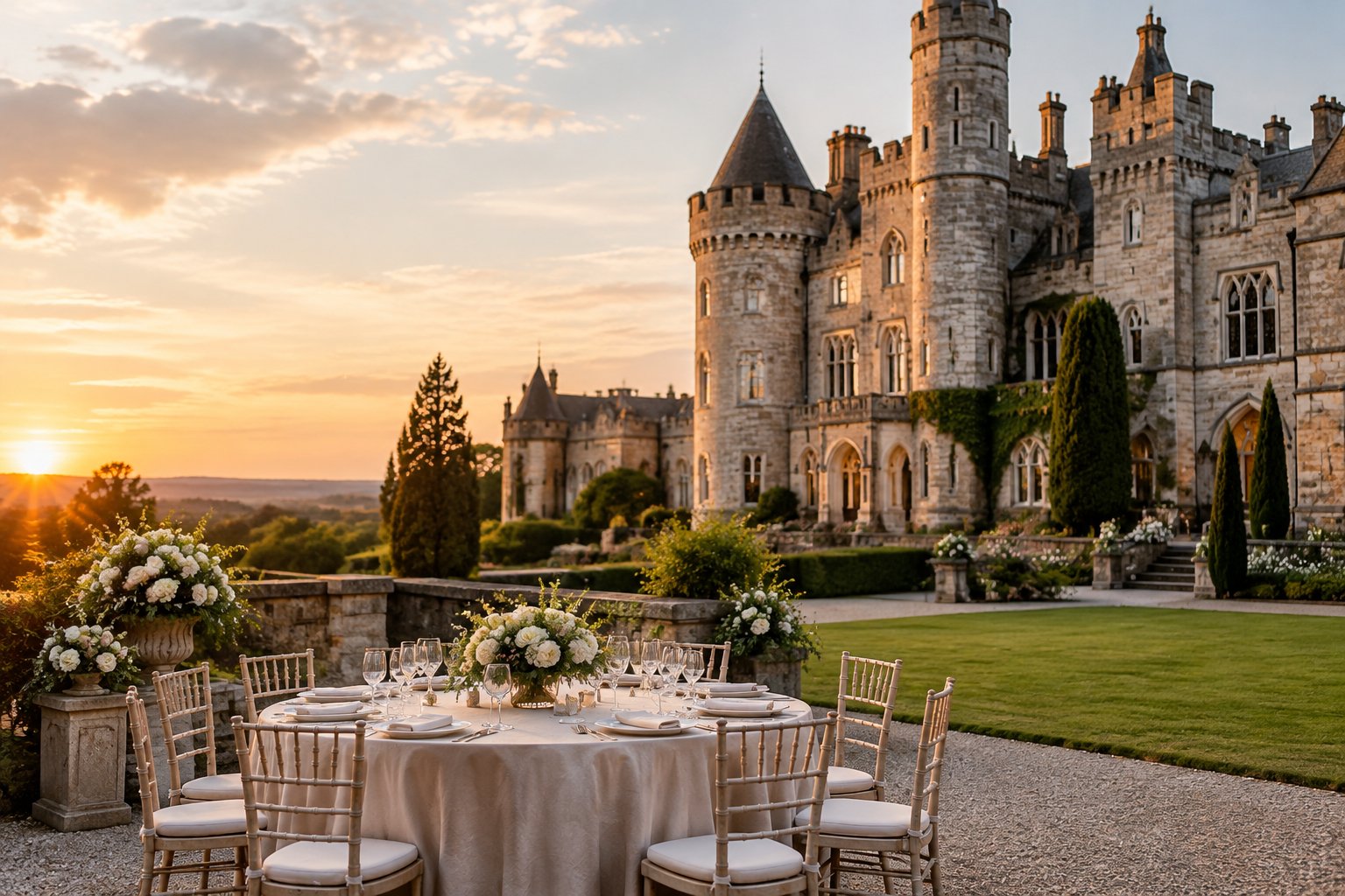 A stone castle wedding venue with manicured gardens and an elegantly set outdoor reception table.