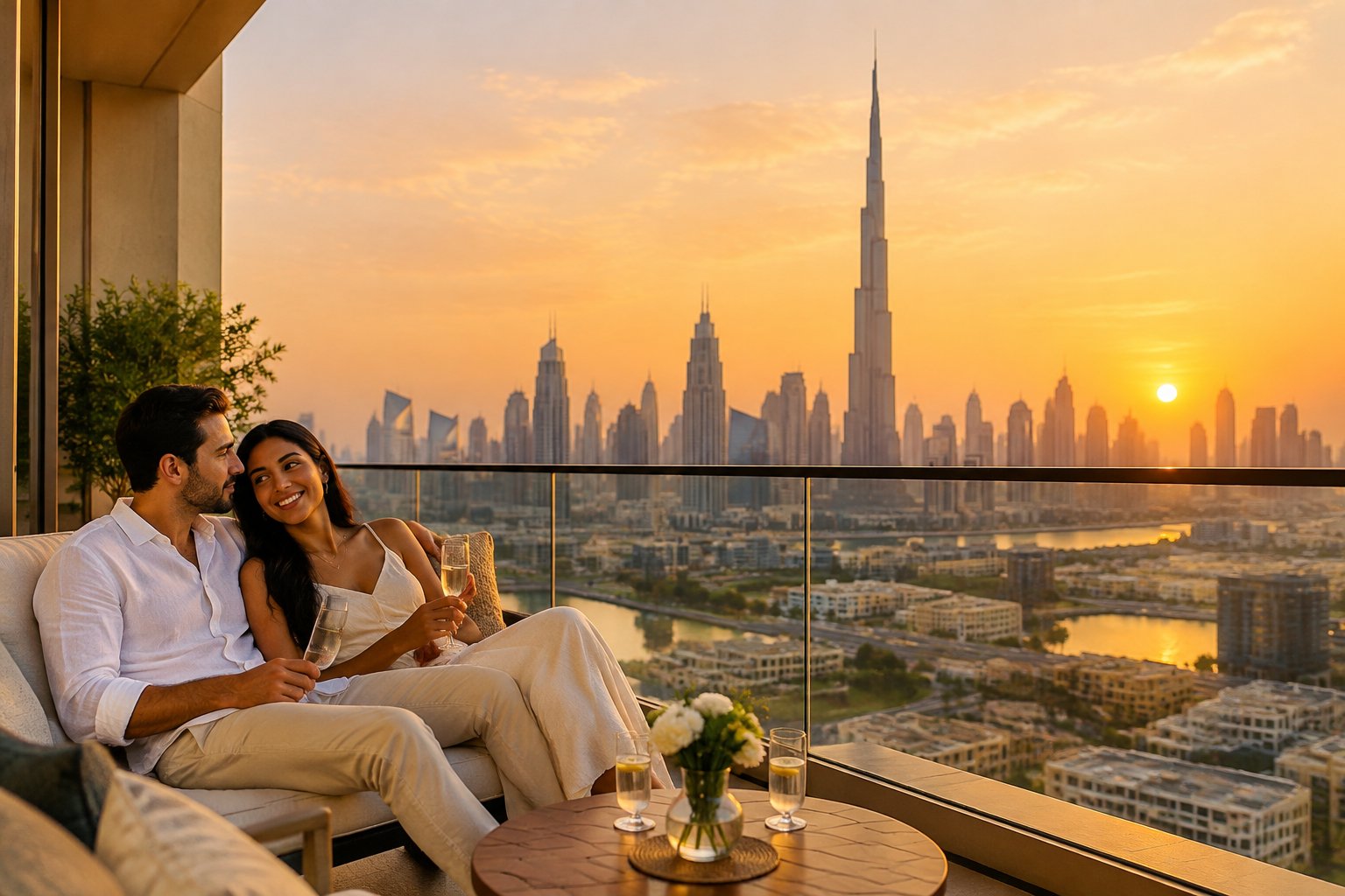 A newlywed couple relaxing on a hotel balcony overlooking the Dubai skyline at sunset.