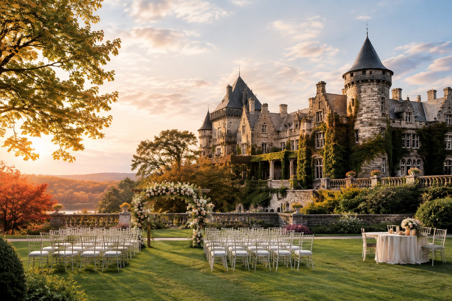 A historic stone castle overlooks a garden wedding ceremony with floral decorations and neatly arranged chairs.