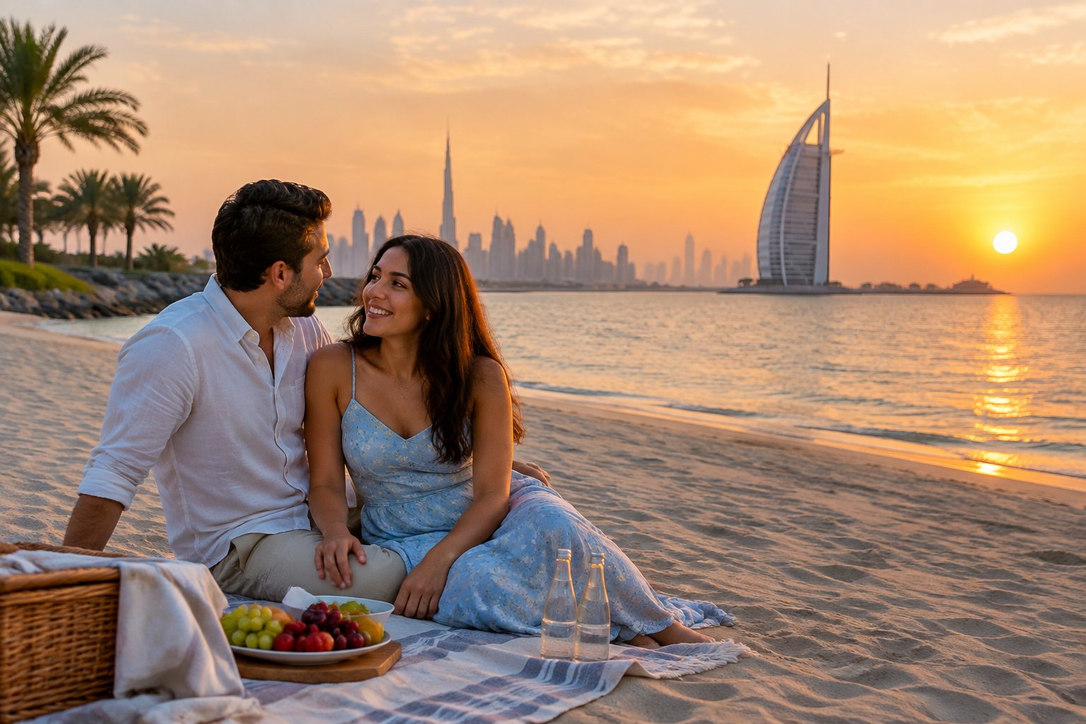 A newlywed couple sharing a sunset picnic on a Dubai beach with the skyline in the background.