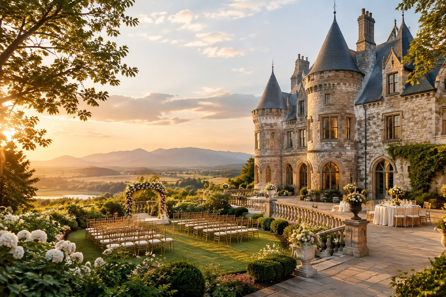 A grand stone castle wedding venue surrounded by gardens, meadowland, and distant hills.