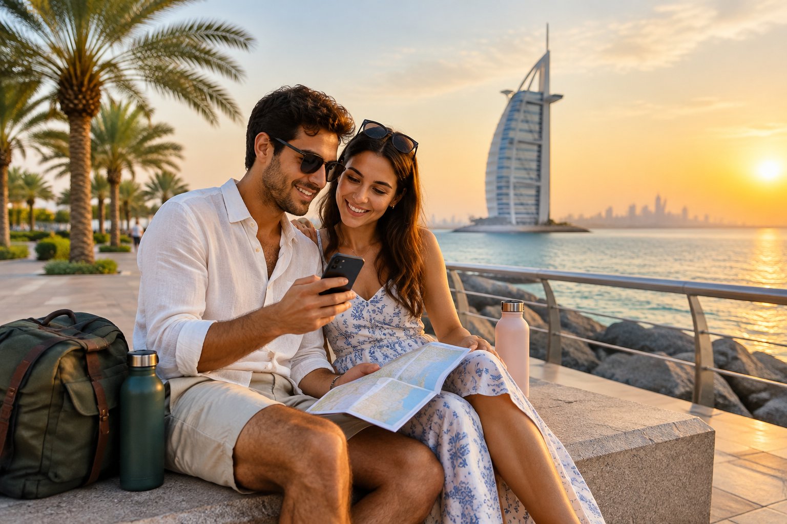A newlywed couple planning an affordable romantic day beside Dubai’s waterfront with the Burj Al Arab in the background.
