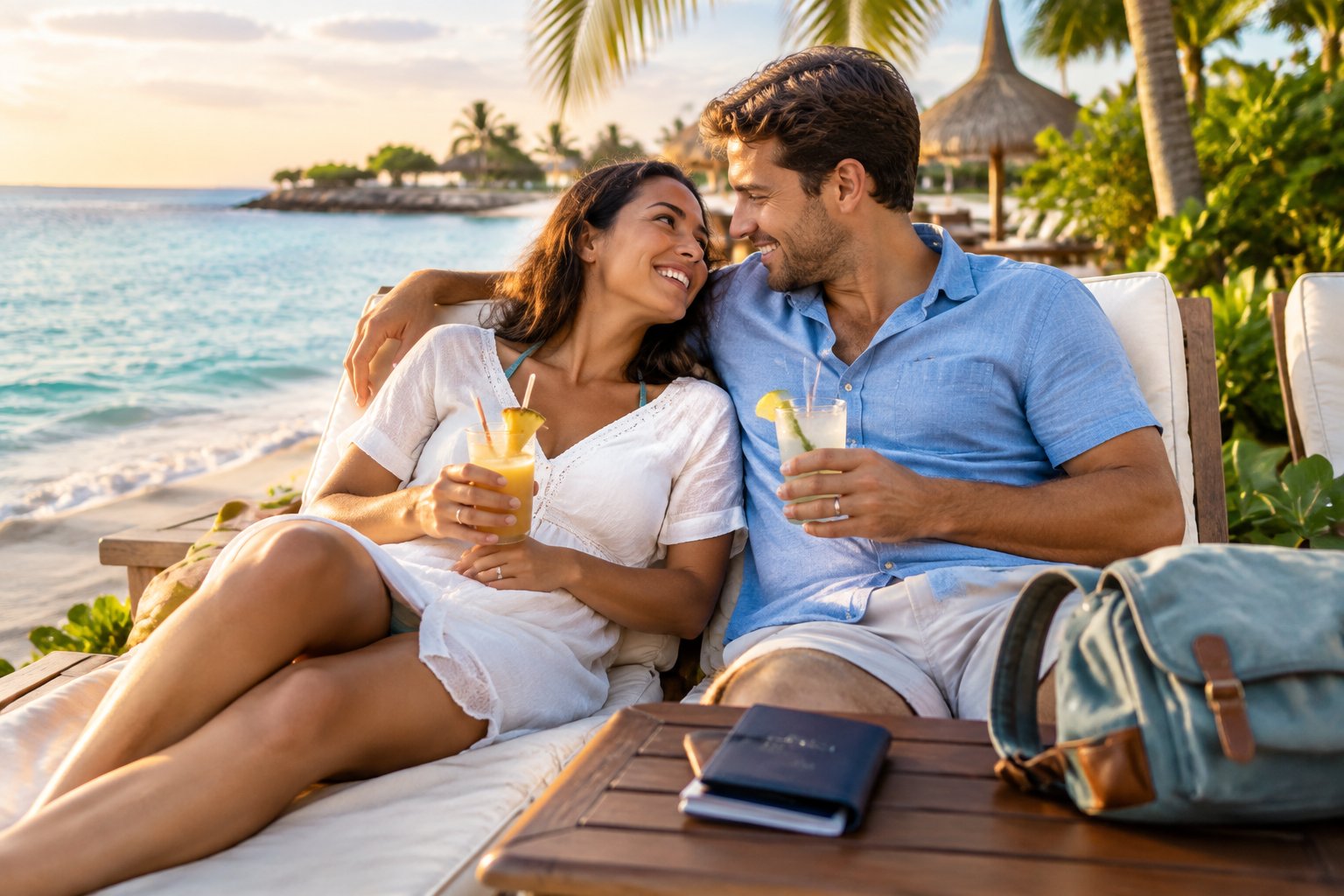 Newlywed couple relaxing together at an affordable tropical resort beside the water.