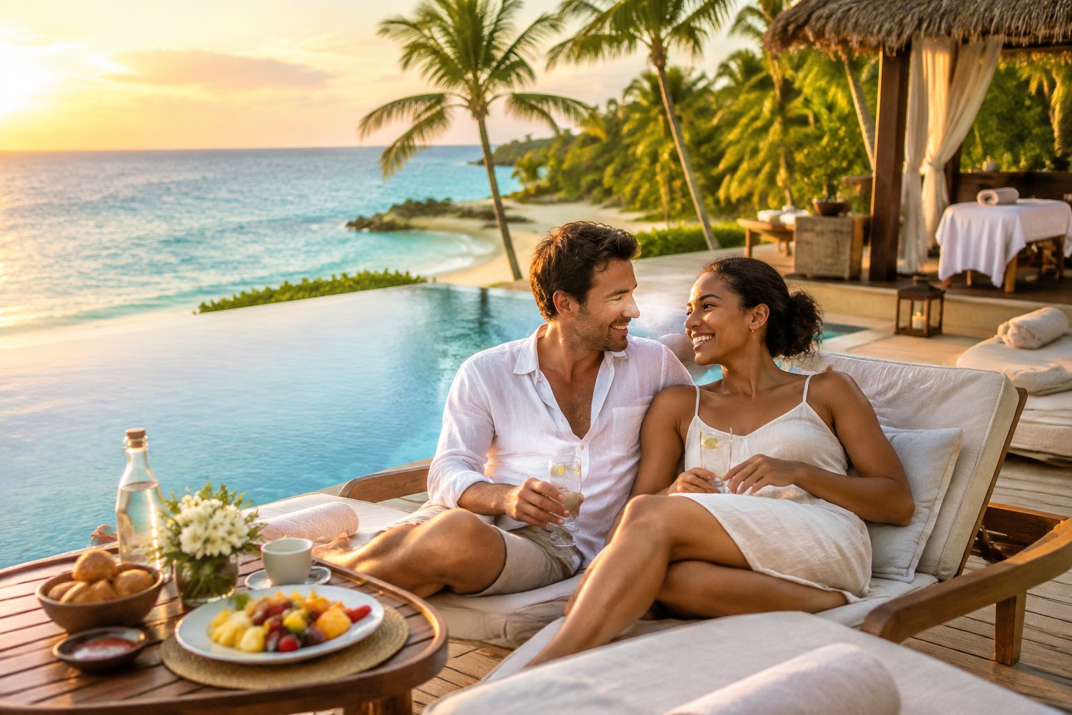 Newlywed couple relaxing at a tropical resort beside an infinity pool overlooking the ocean.