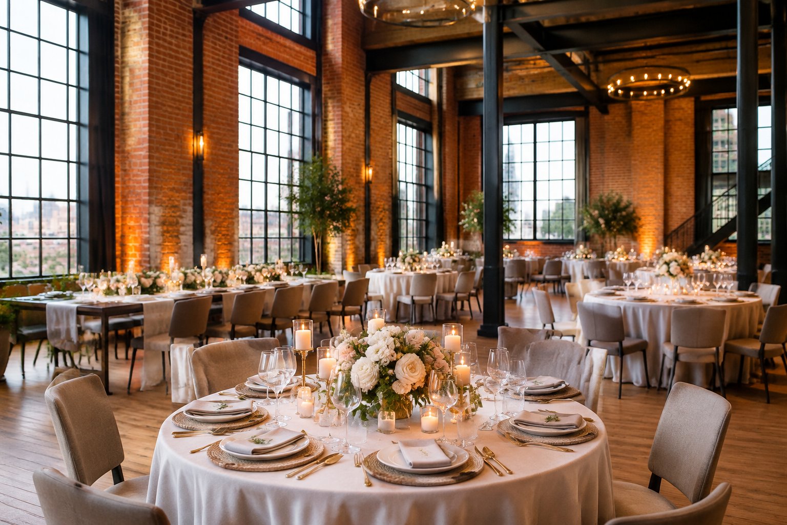 Elegant wedding reception room with exposed brick walls, large windows, decorated tables, flowers, and warm candlelight.