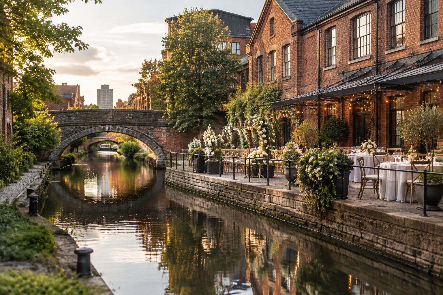 Historic wedding venue beside a calm canal with a flower-decorated terrace and arched bridge.