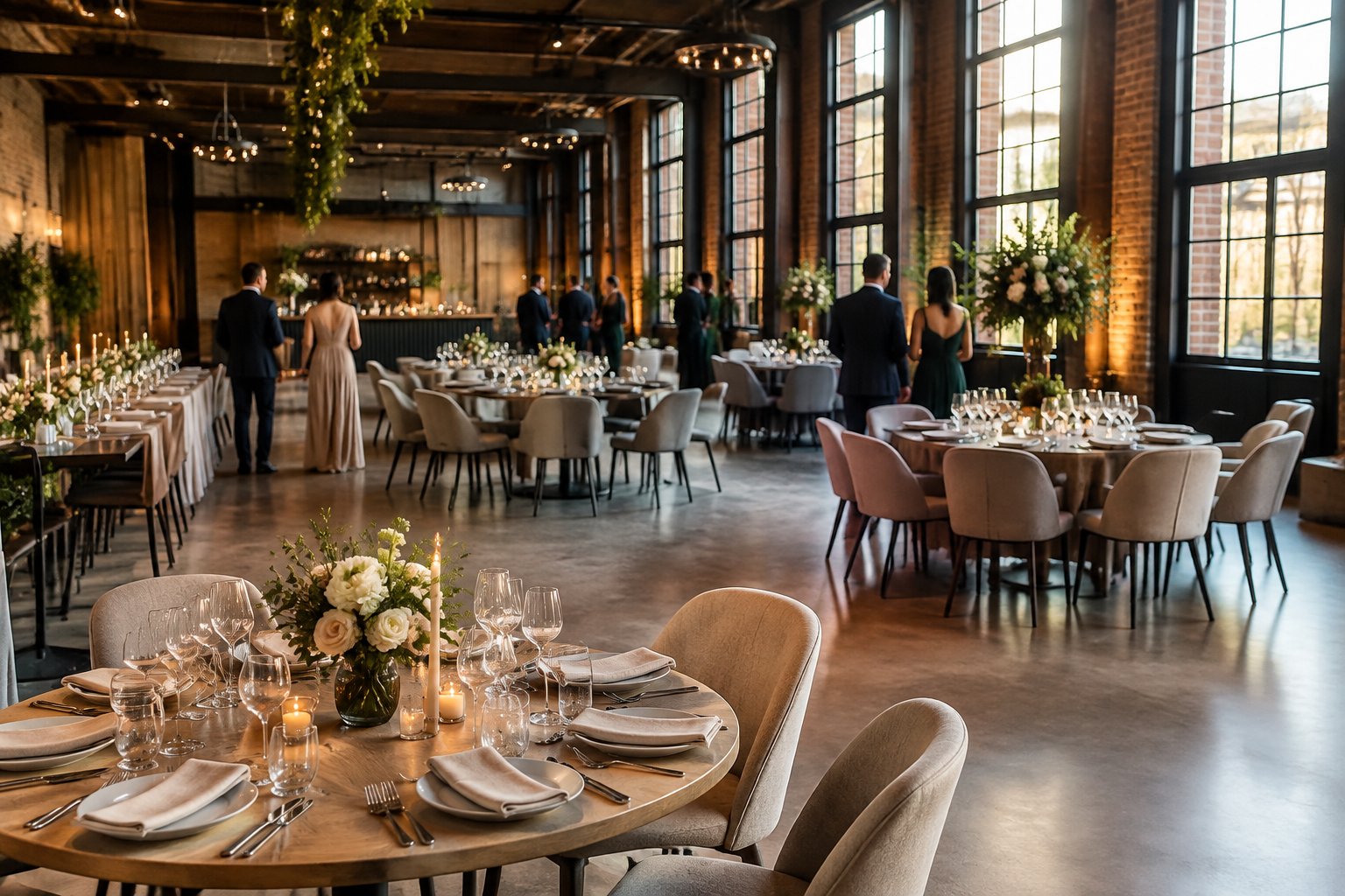 An elegant wedding reception room with flexible seating areas, tables, and subtle floral decorations.