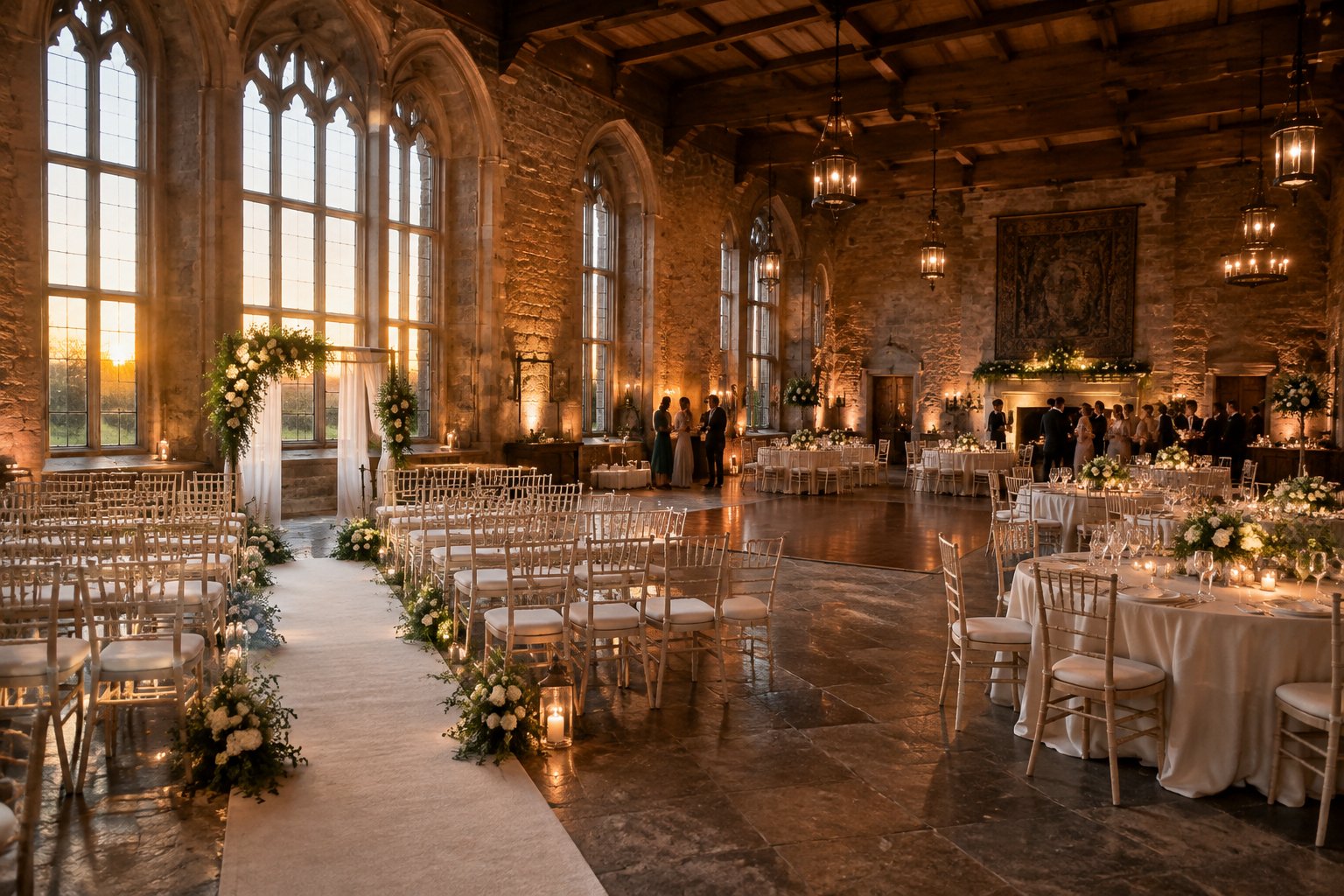 An elegant historic wedding venue arranged for a ceremony and evening reception, with decorated tables, warm lighting, and guests celebrating.