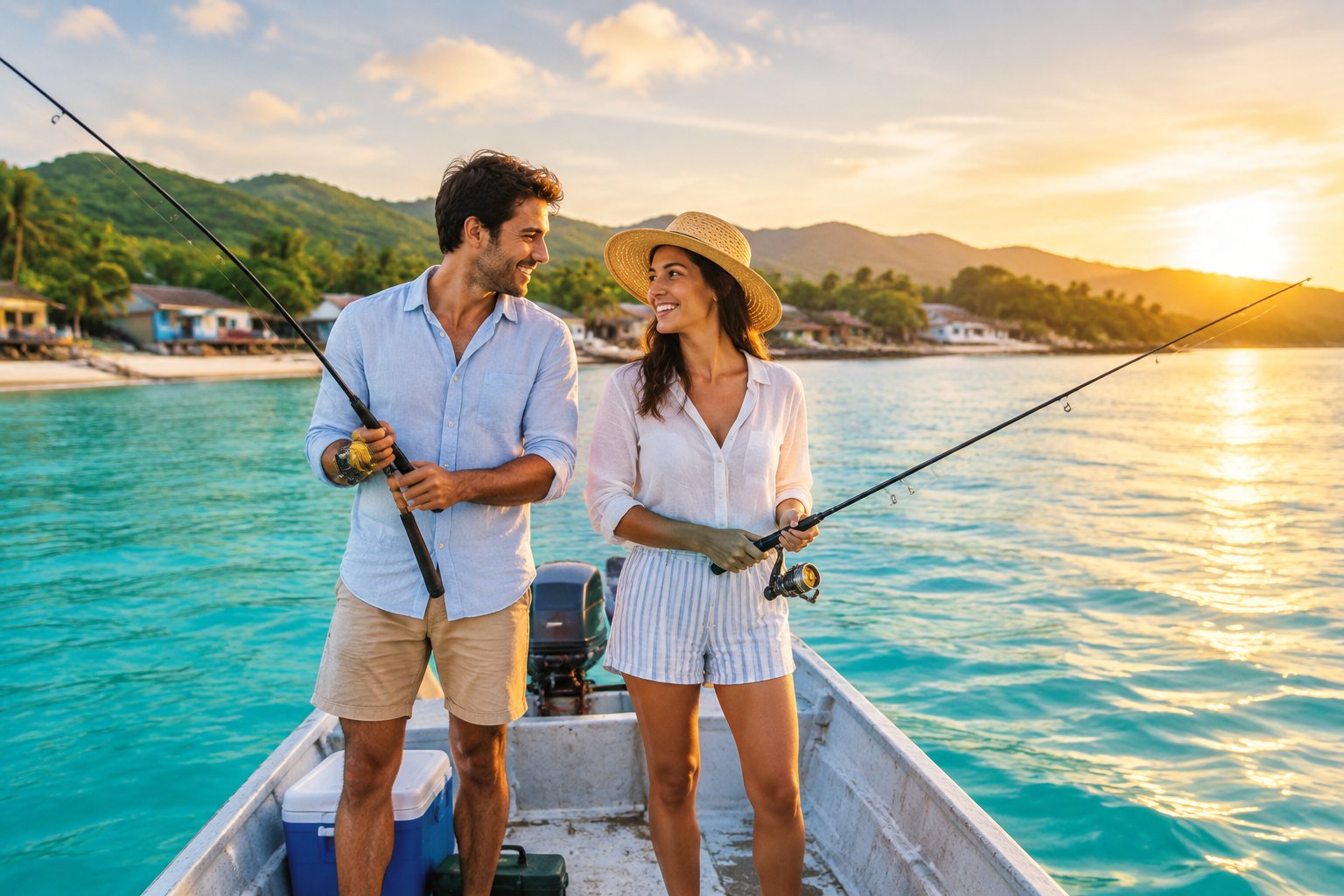 Newlywed couple fishing together from a small boat near a tropical shoreline.