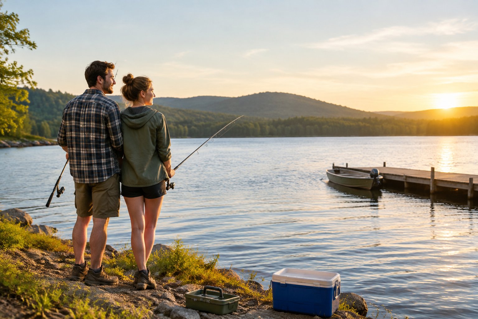 A newlywed couple fishing together beside a peaceful lake at sunset.