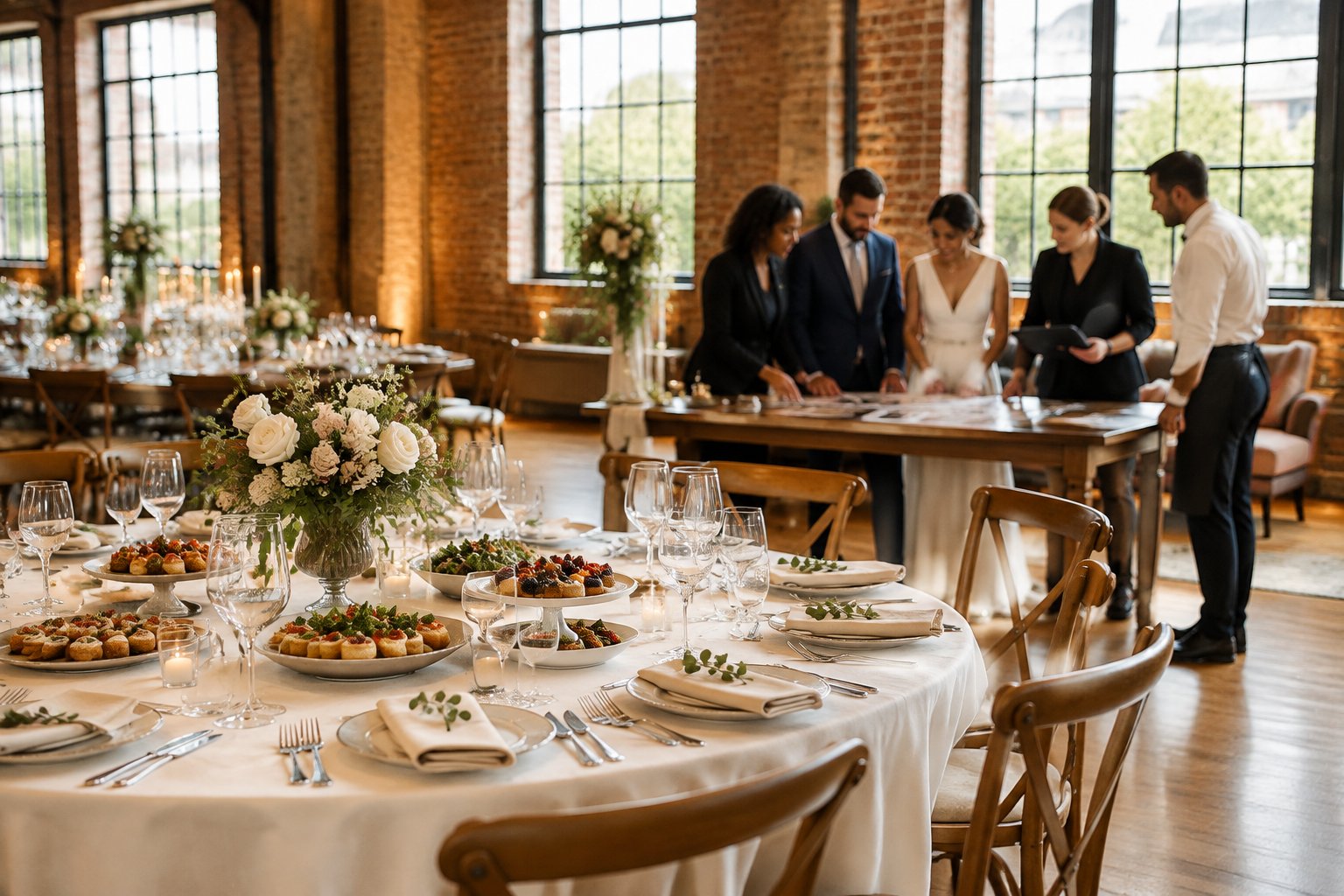 A couple meets with wedding venue staff beside a beautifully set reception table in an elegant brick-walled room.