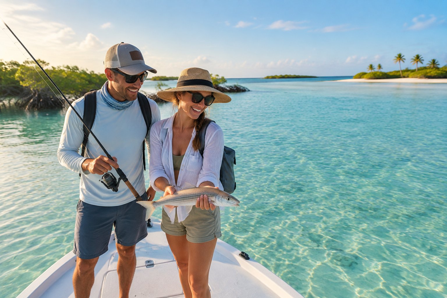 A newlywed couple fishing together from a small boat on a sunny tropical saltwater flat.