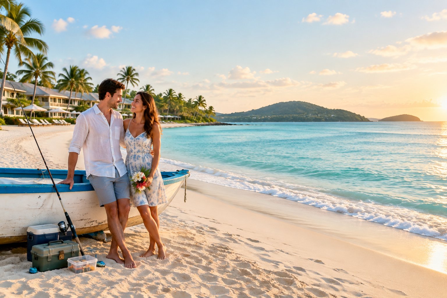A newlywed couple stands beside a small fishing boat on a tropical beach near a modest resort.
