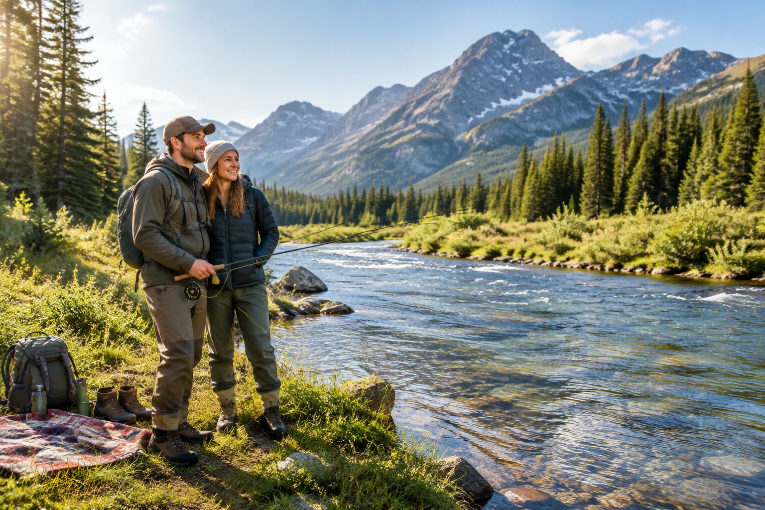 A couple fly-fishing together beside a clear mountain river surrounded by pine trees and rugged peaks.