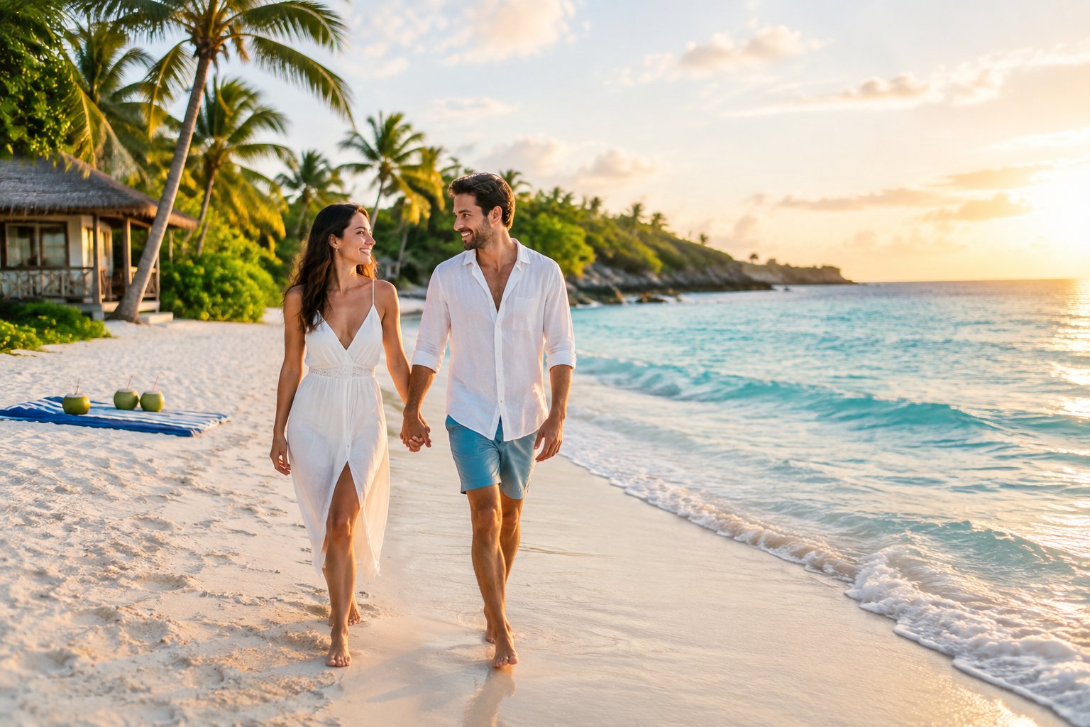 A newlywed couple walks hand in hand along a sunny tropical beach near a simple beachfront bungalow.