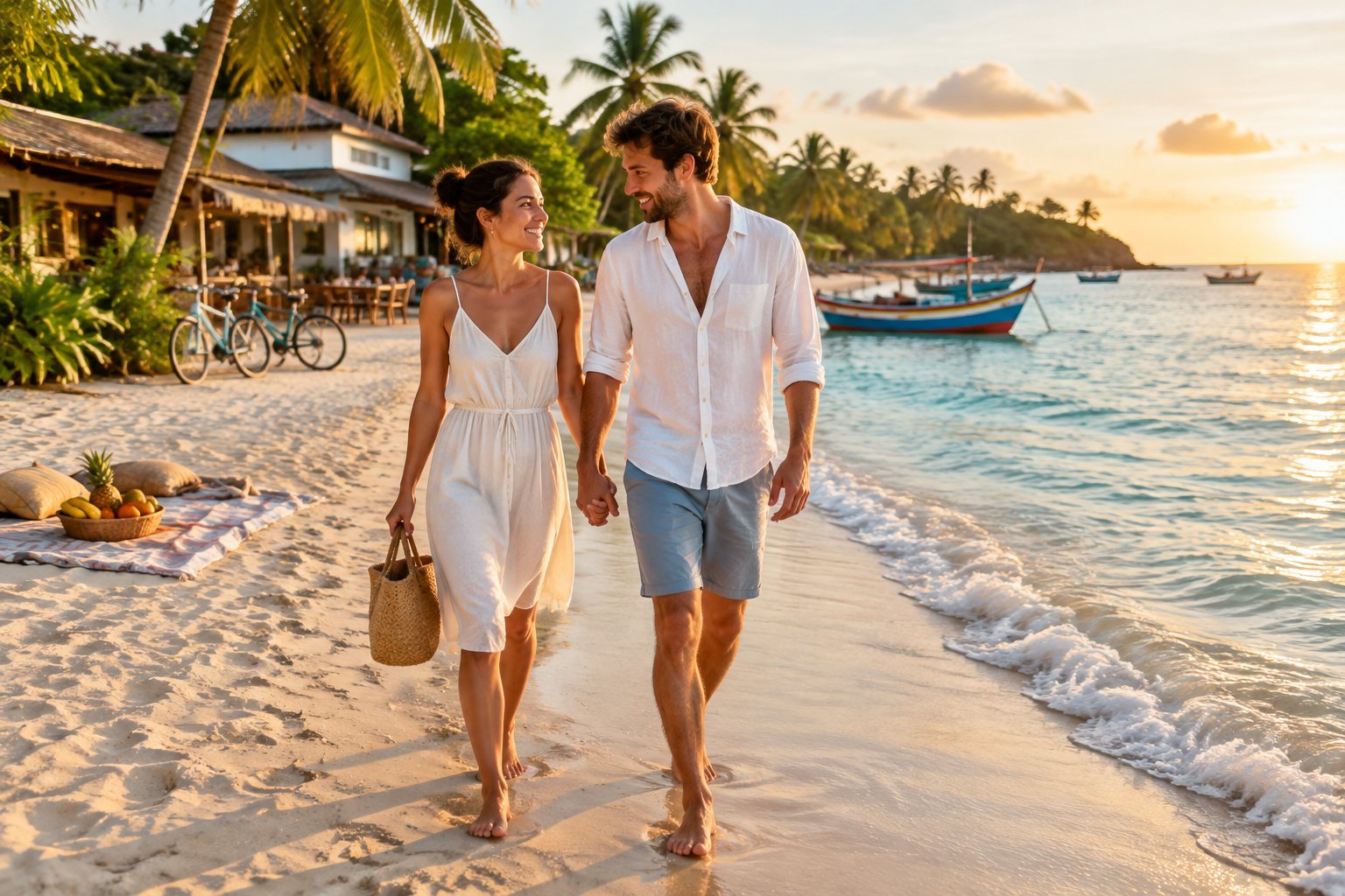 A newlywed couple walks hand in hand along an inviting tropical beach near a modest beachfront guesthouse.