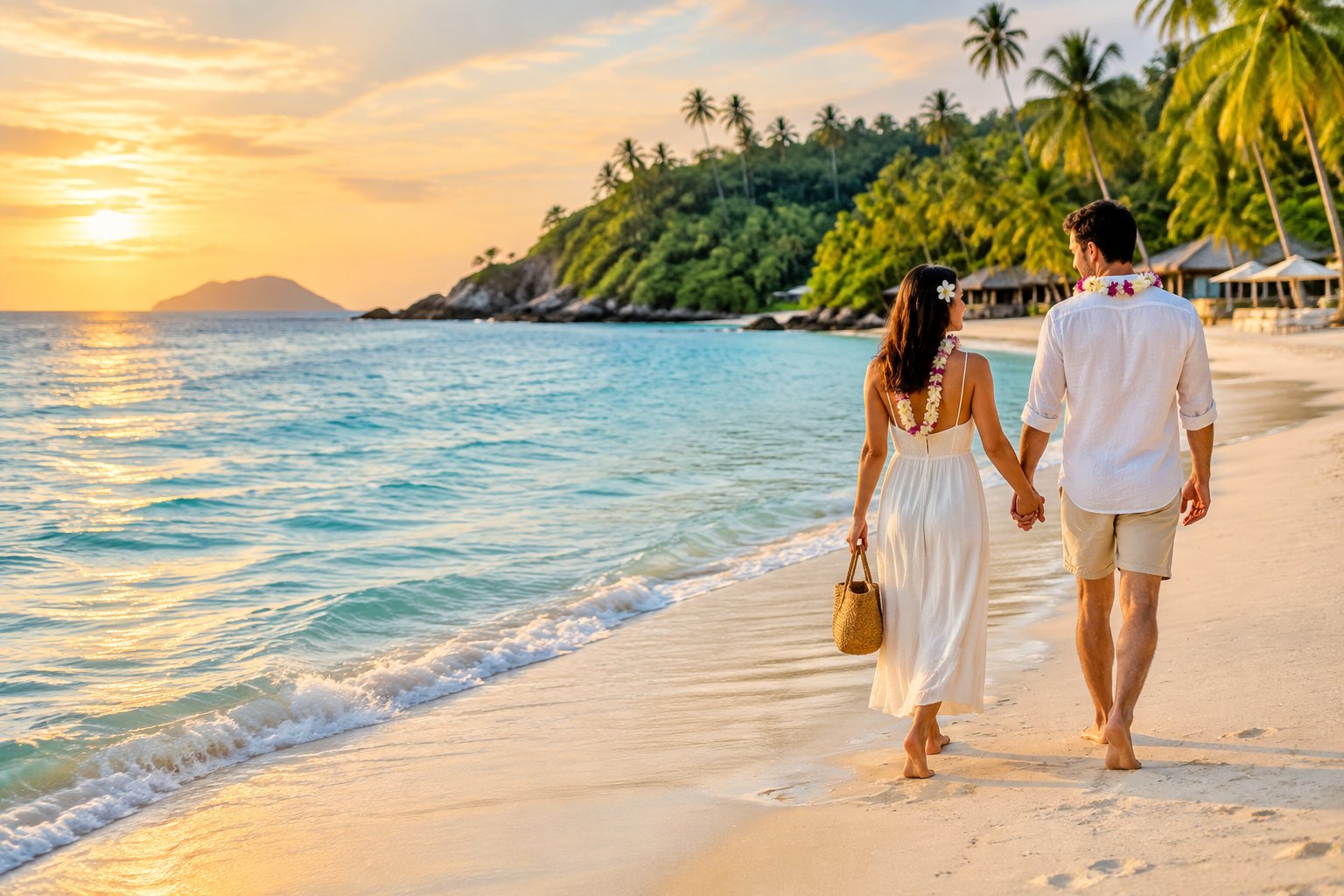 Newlywed couple walking hand in hand along a quiet tropical beach at sunset.