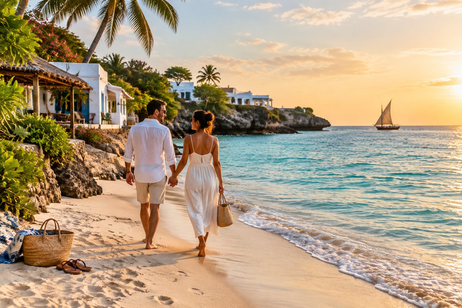 A newlywed couple walks hand in hand along a sunny tropical beach beside a modest coastal guesthouse.