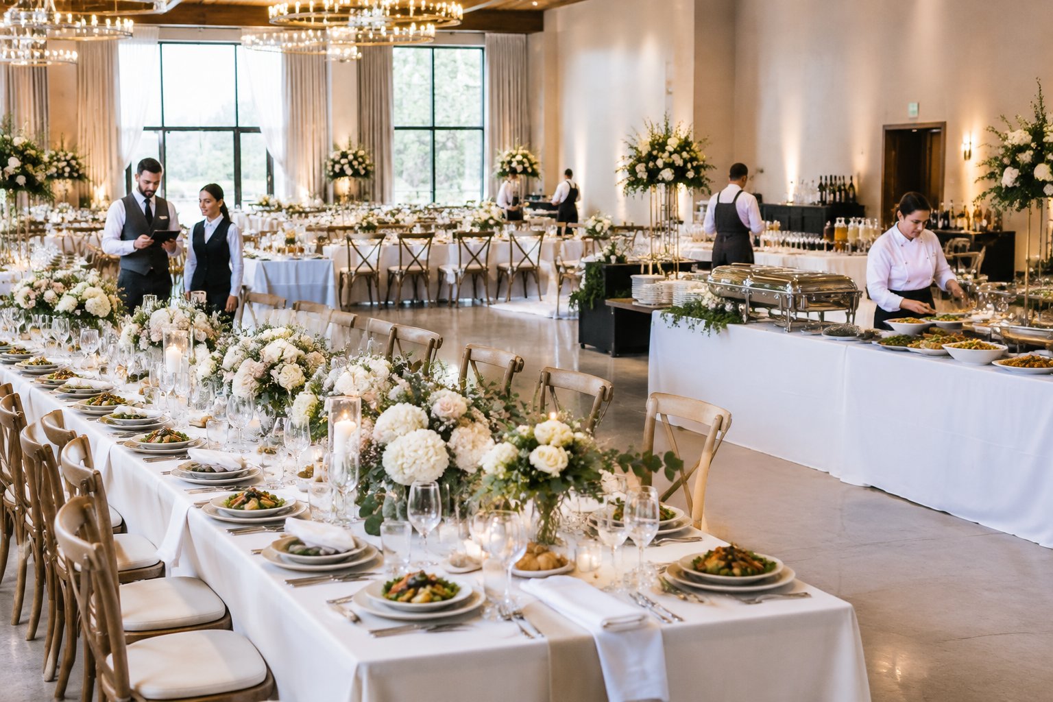 Caterers prepare an elegant wedding reception dining area with tables set for a large crowd.