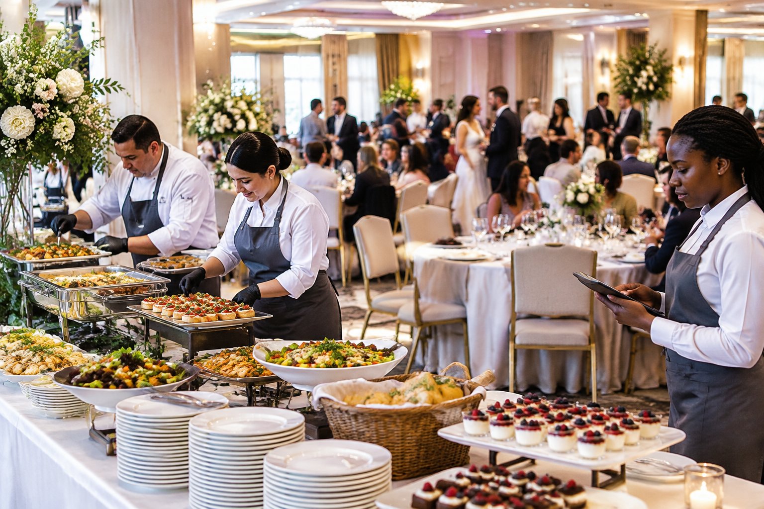 Caterers prepare a buffet and dinner service at a large wedding reception with guests seated at decorated tables.