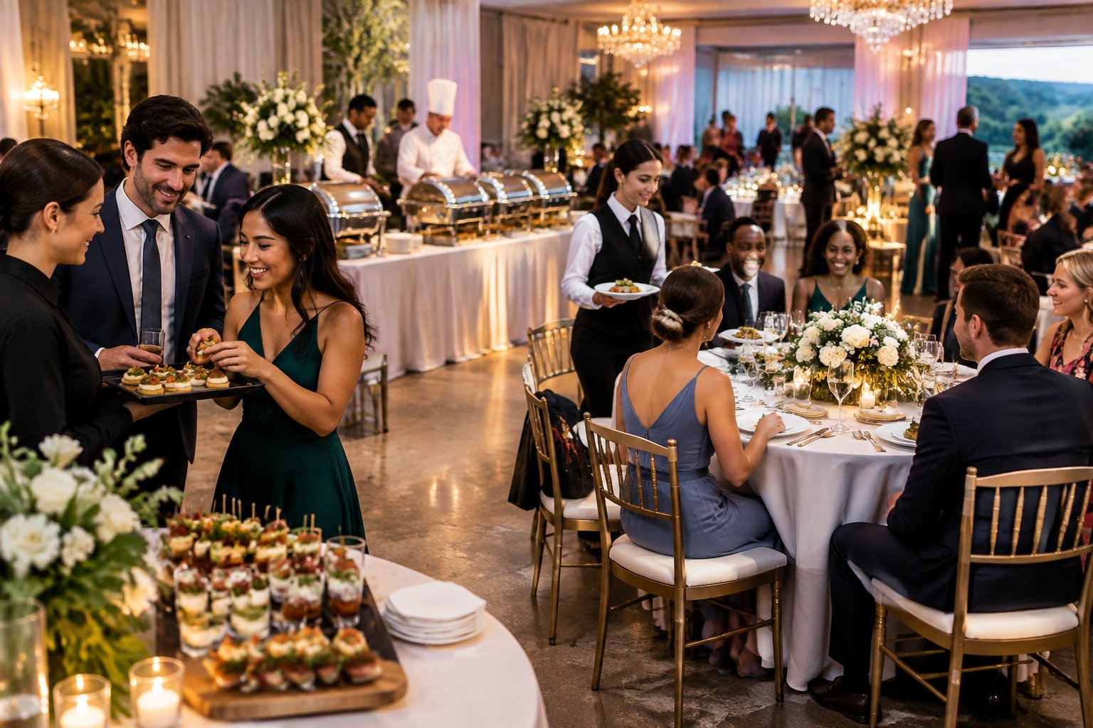 Elegant wedding reception with banquet tables, buffet dishes, and servers presenting food to guests.
