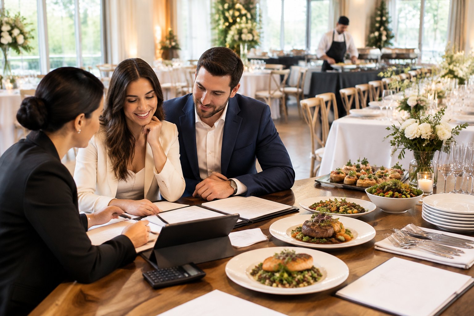 A couple and catering professional review wedding reception plans beside a decorated banquet table with plated dishes and table settings.