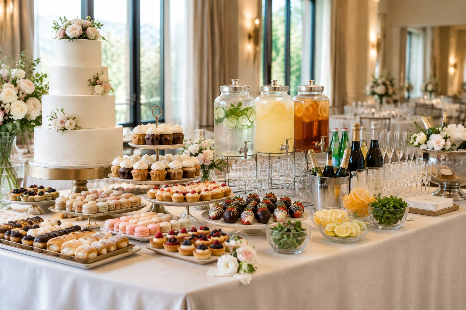 An elegant wedding reception table displaying assorted desserts and beverages.