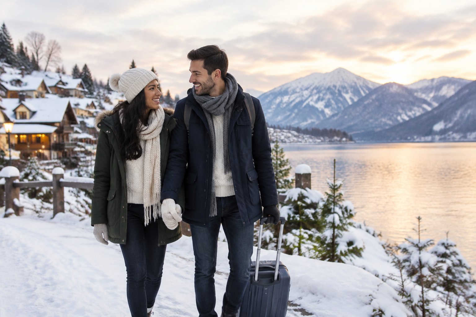 A newlywed couple walks hand in hand through a snowy mountain village with warm cafés and evergreen trees.