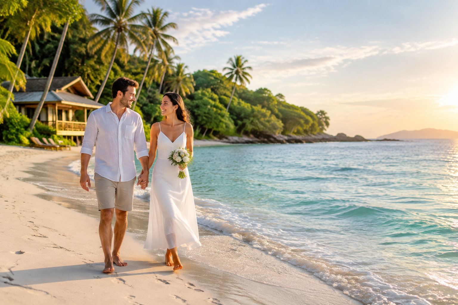 A newlywed couple walks hand in hand along a tropical Southeast Asian beach near a simple beachfront bungalow.