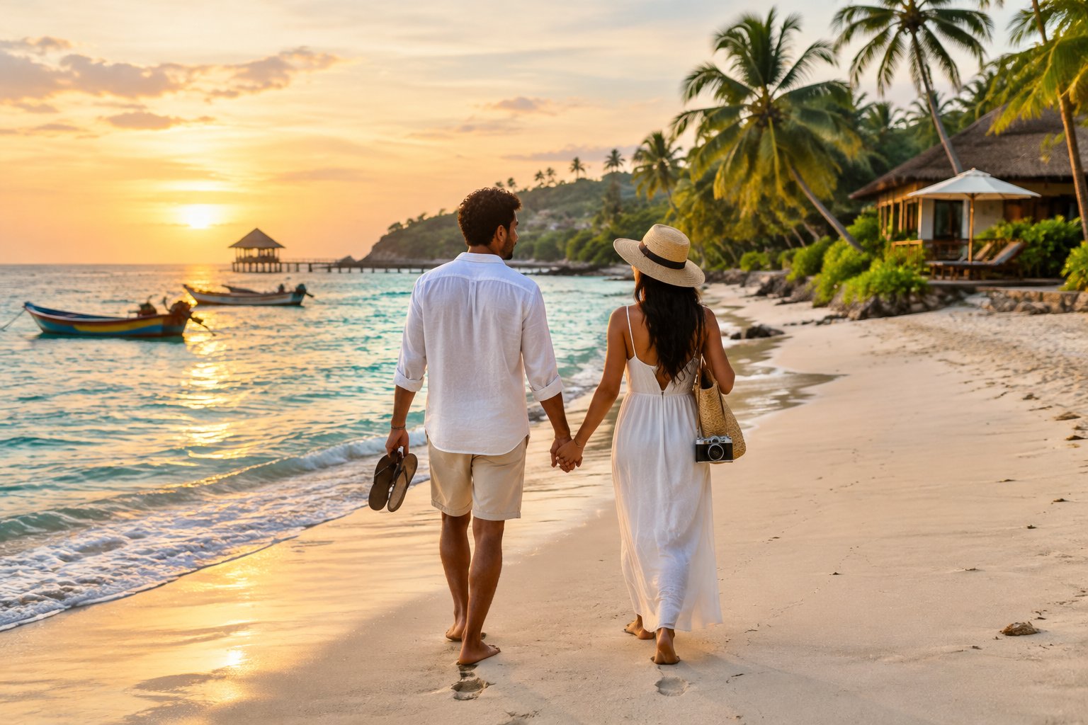 A newlywed couple walks hand in hand along a tropical beach at sunset, surrounded by palm trees and calm turquoise water.