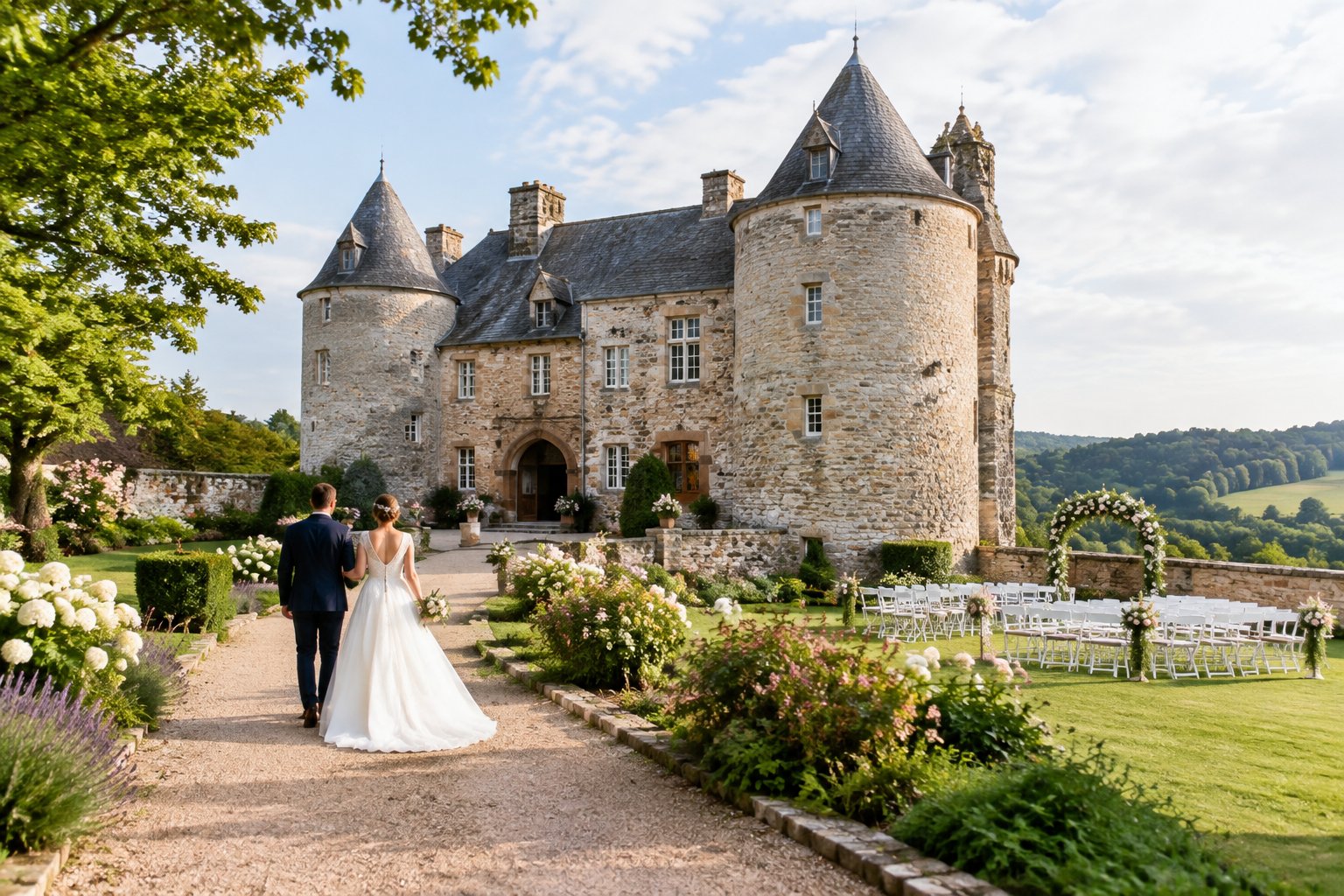 A newlywed couple walks toward a charming castle wedding venue surrounded by landscaped gardens.