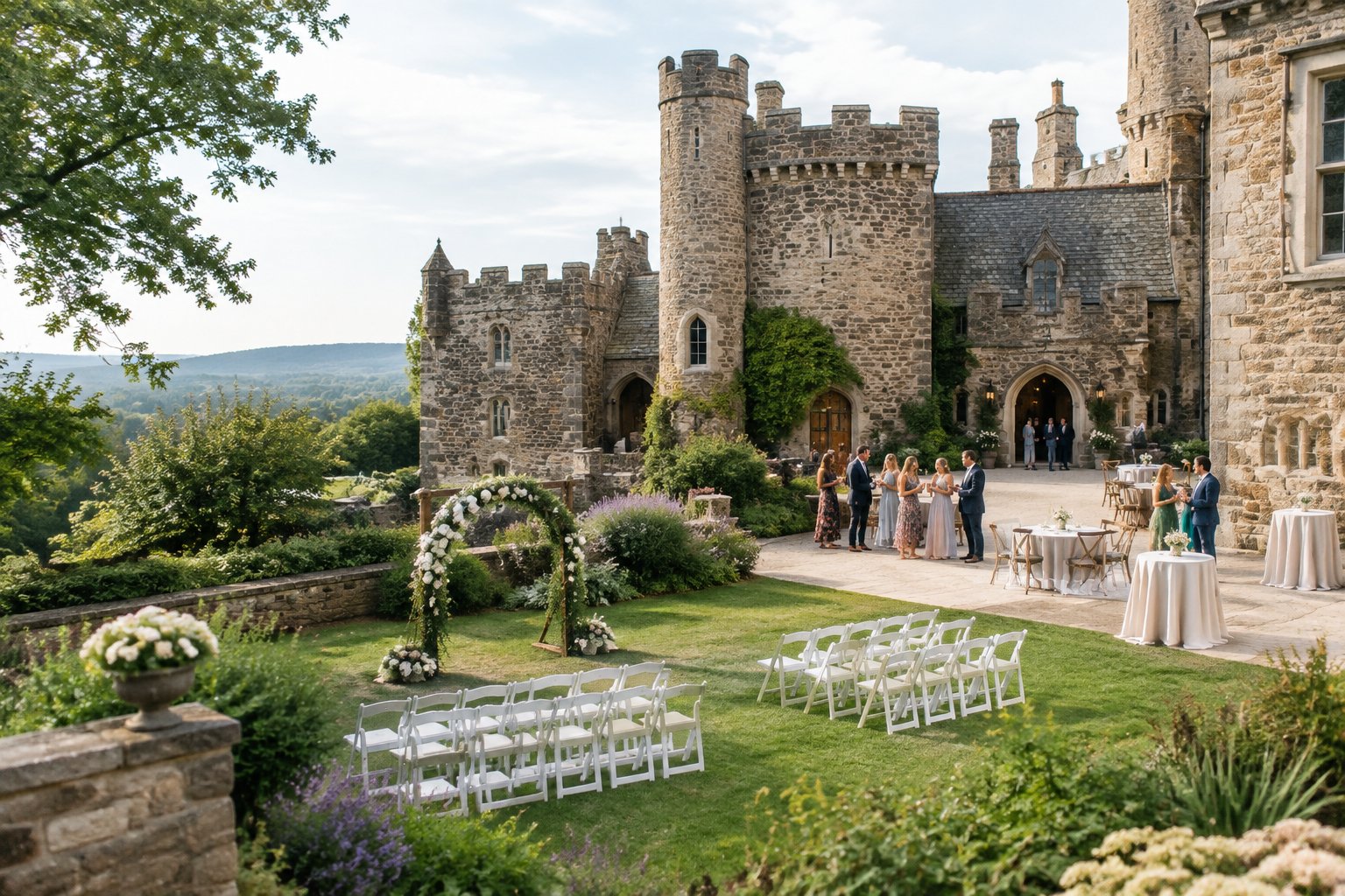 A historic stone castle with a simple outdoor wedding ceremony setup on its lawn.