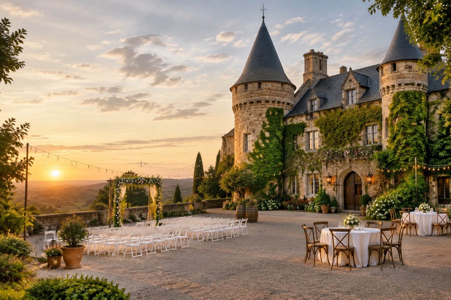 A charming stone castle wedding venue with a simple outdoor ceremony setup in a leafy courtyard.