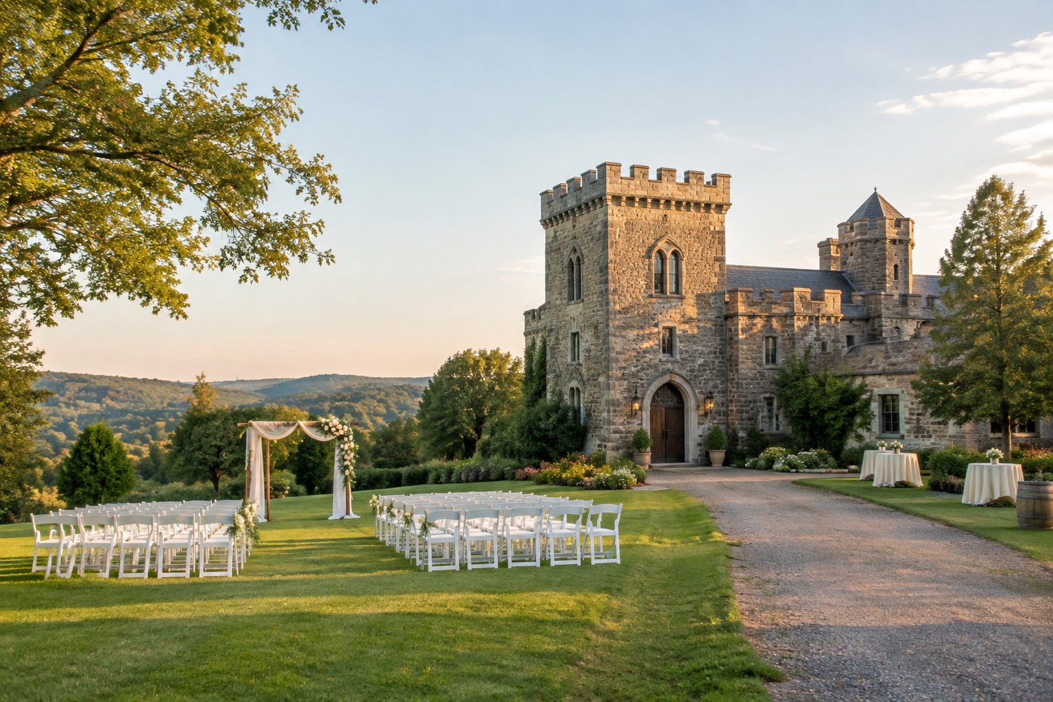 A modest stone castle wedding venue with outdoor chairs, a floral arch, and reception tables in a landscaped meadow.