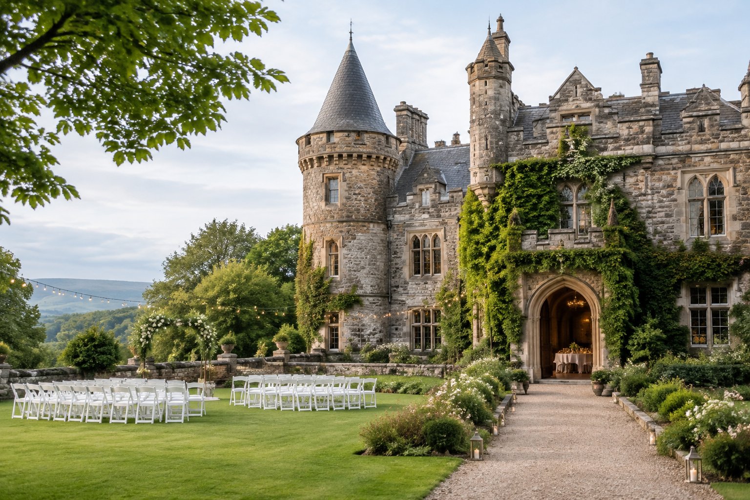 A historic stone castle wedding venue with a garden ceremony setup and simple decorations.