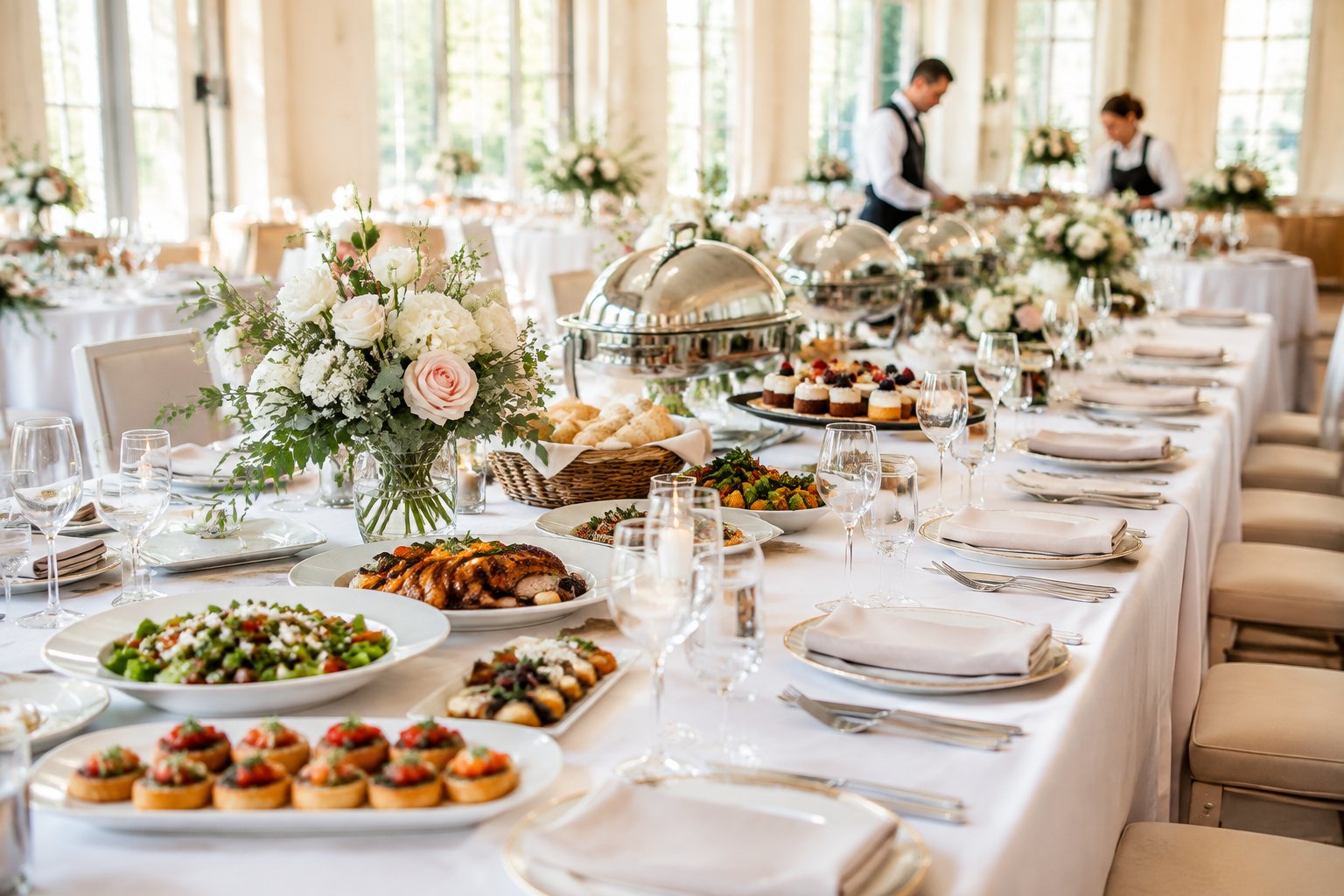 A catered wedding reception table set with elegant place settings, floral centerpieces, serving dishes, and assorted food.