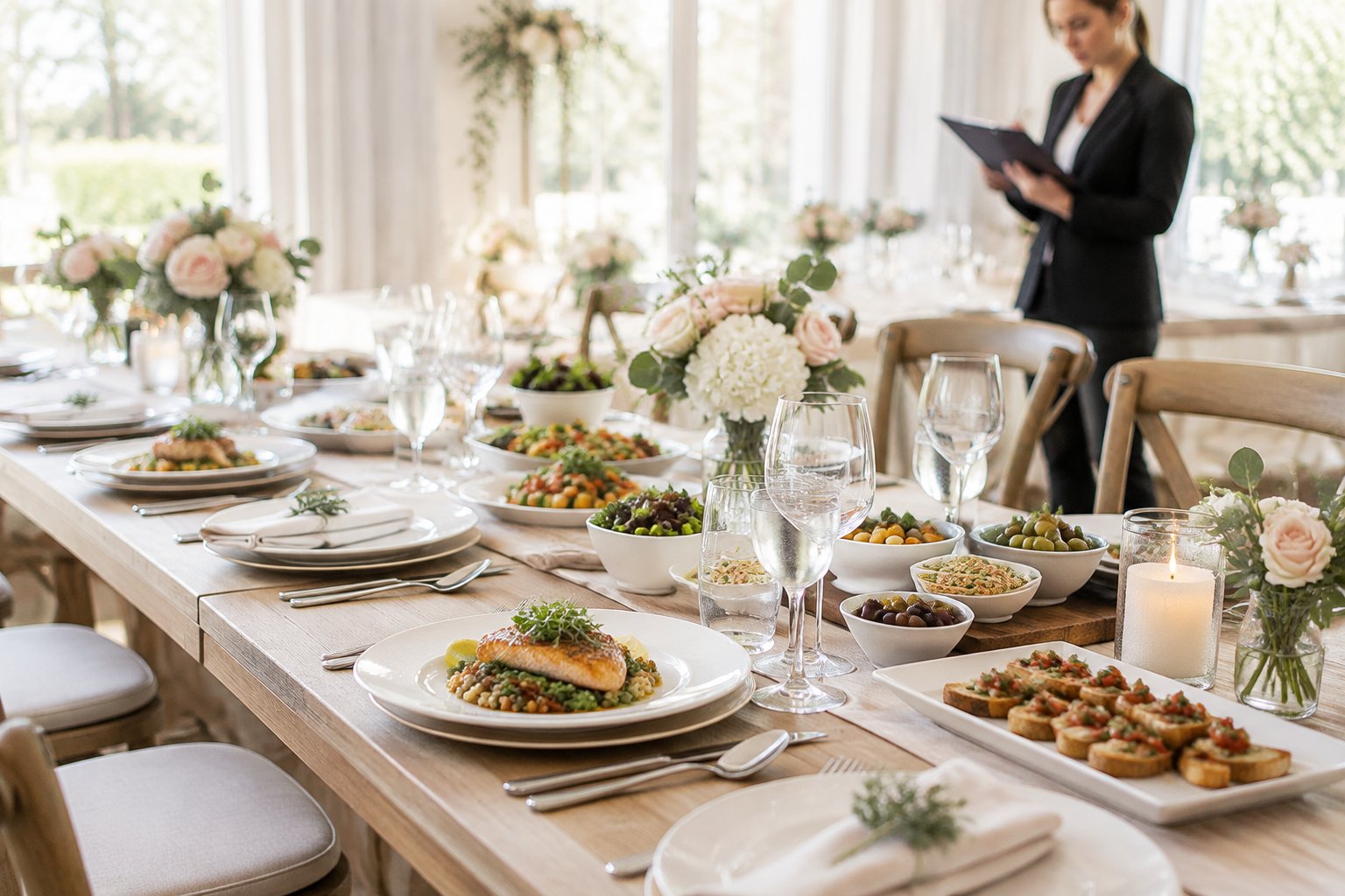 Wedding reception table with plated meals and organized catering portions.